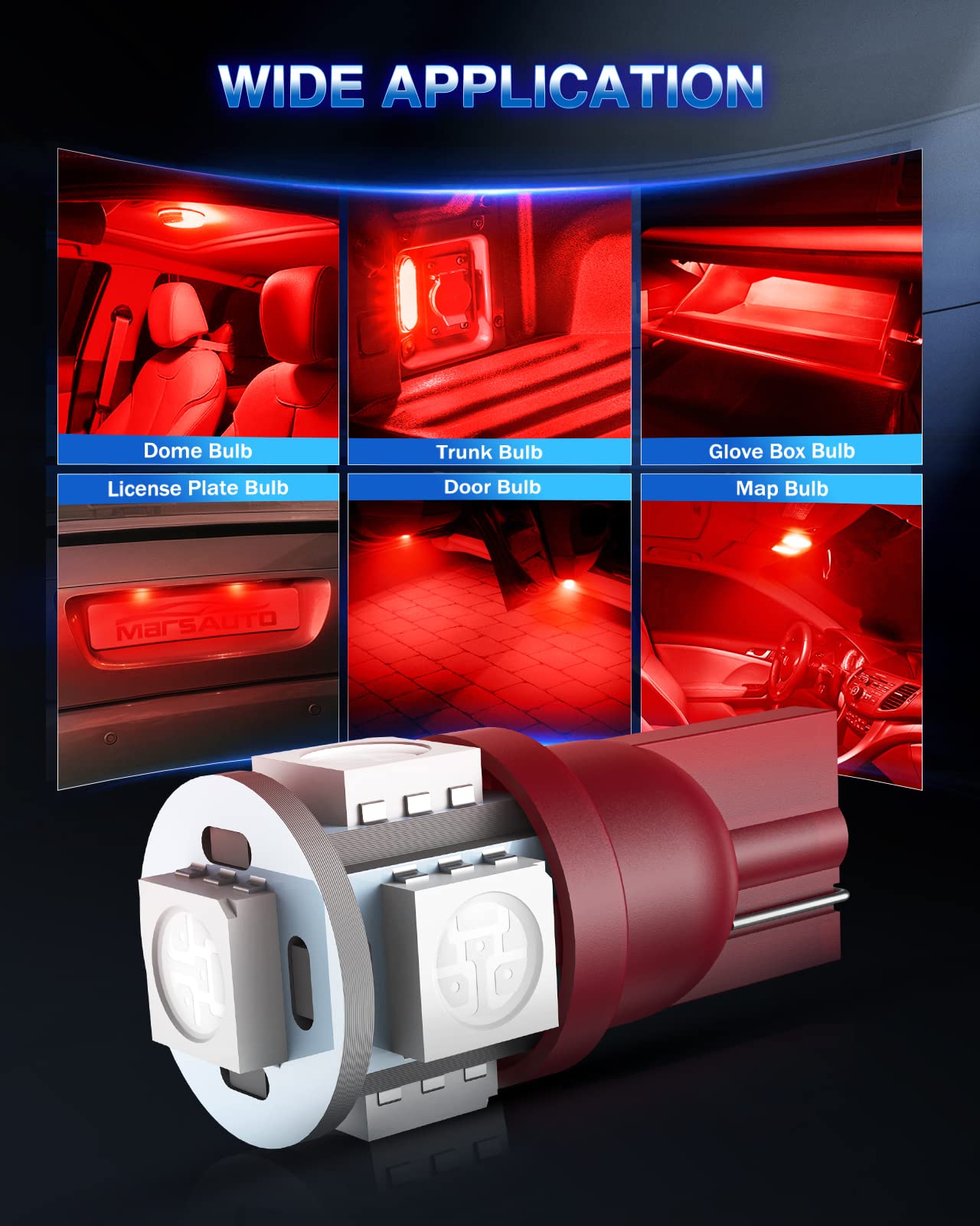 Marsauto 194 LED Bulb Brilliant Red 168 T10 2825 5SMD No Polarity Replacement Bulbs for Car Dome Map Door Courtesy License Plate