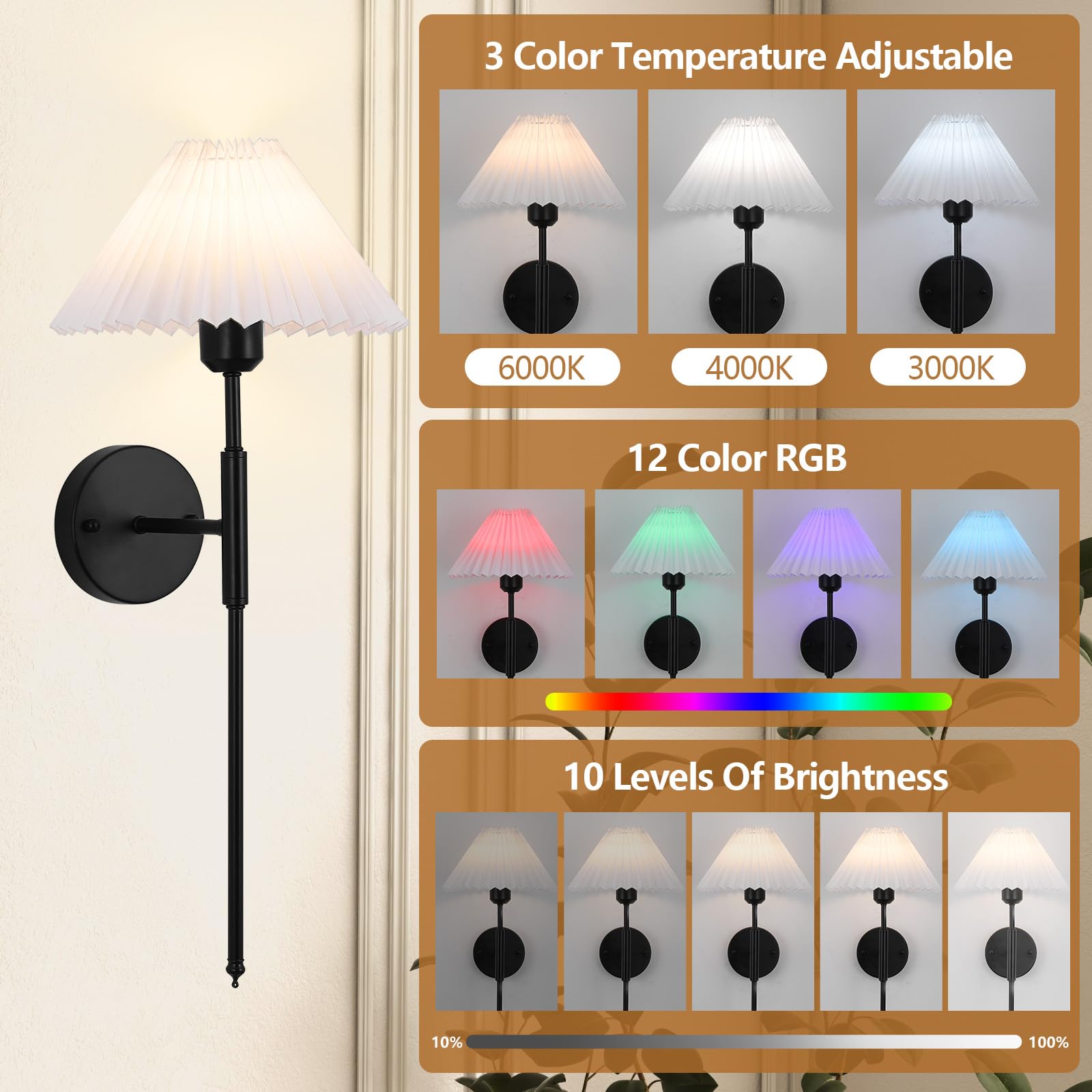 XIGUCUCN Battery Operated Wall Sconces Set of Two, Remote Control, Dimmable, 15 Color Changing, Black, Model XG-WL06BK