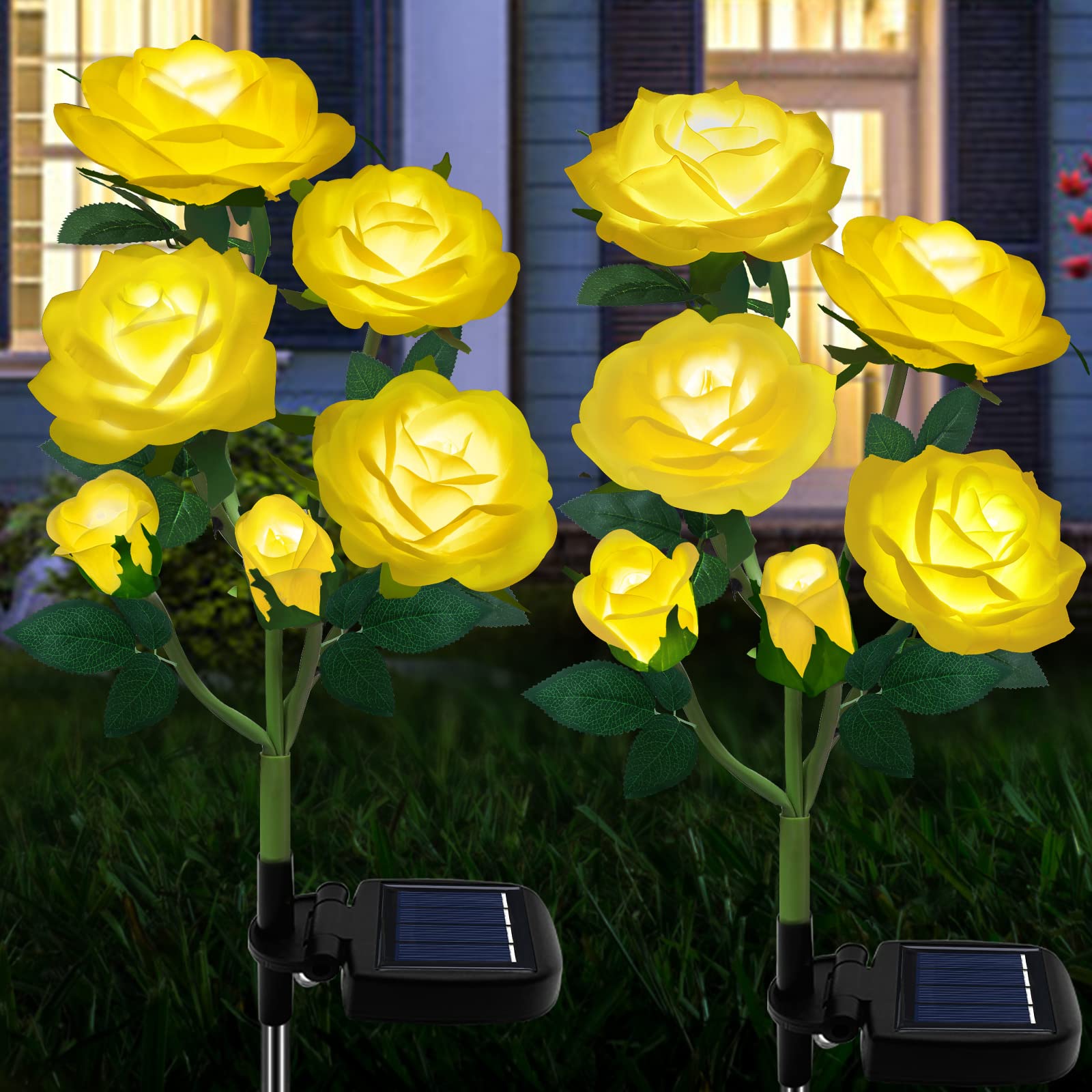 Tynled Solar Garden Stake Lights - 2 Pack Waterproof Led With 6 Yellow Rose Flowers, Perfect For Patio, Pathway & Lawn Decoration