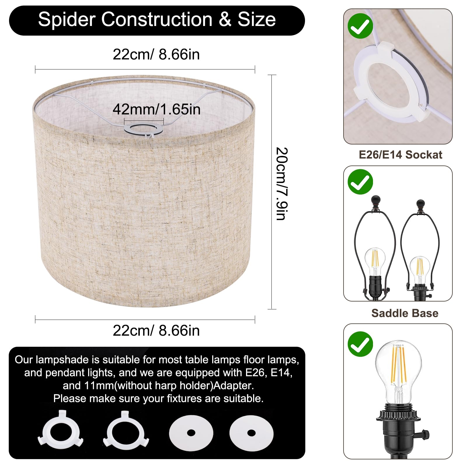 Small Lamp Shade, Beige Drum Lampshade 8.7''Top X 8.7'' Bottom X 7.9'' High, Replacement Lamp Shade Natural Linen Hand Crafted For Table Lamps Floor Lamps Chandelier Lamp, Easy Assembly Required