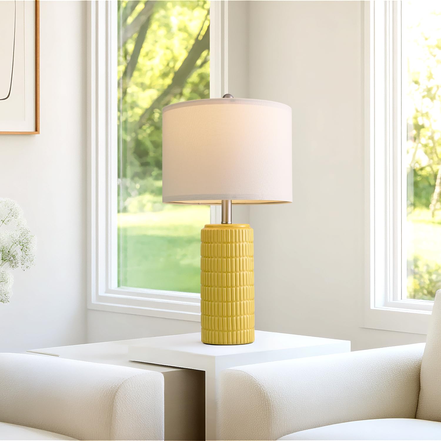PoKat Set of 2 Modern 23" Yellow Ceramic Table Lamps for Living Room, Medium Nightstand Lamps, Model AMZ-T1102YW