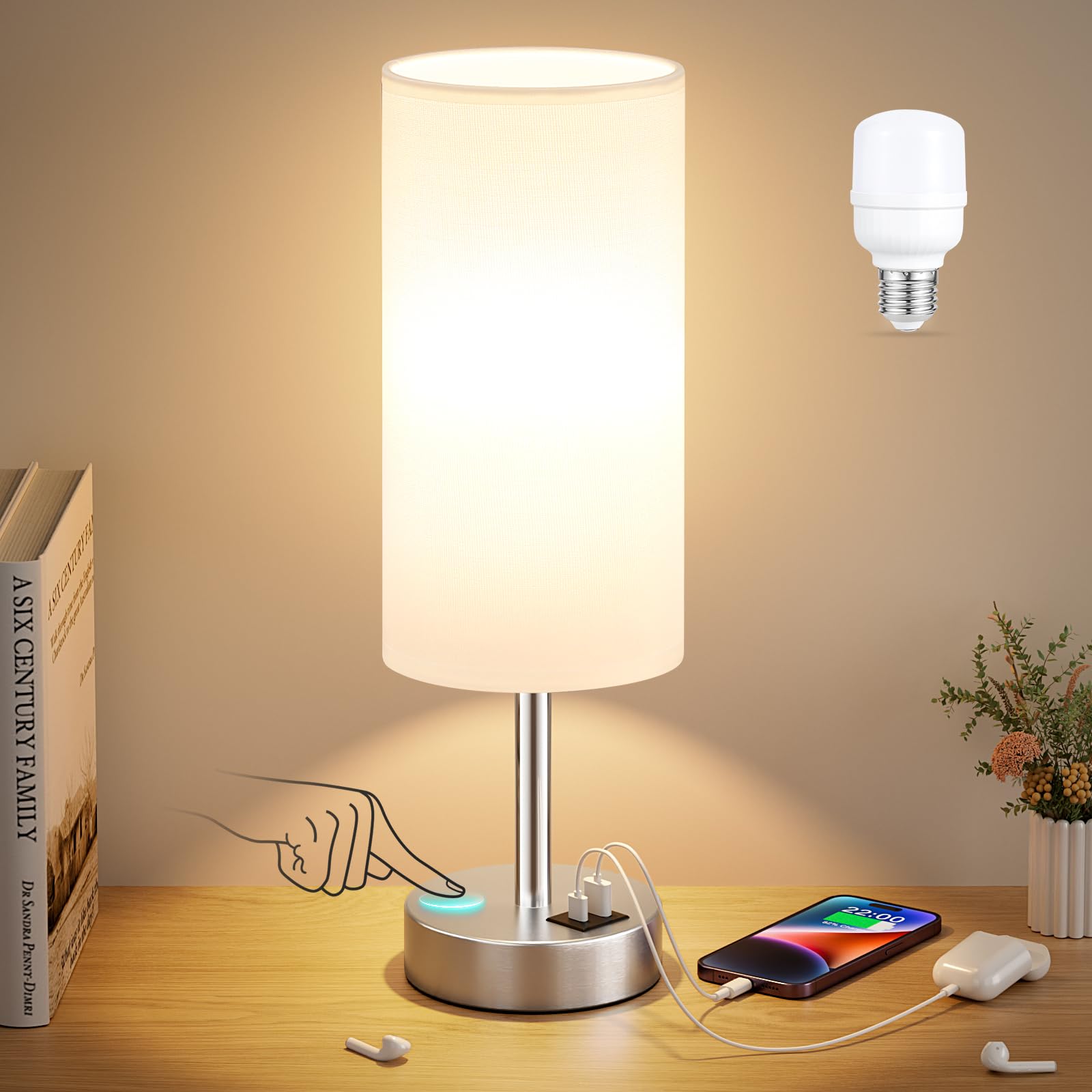 White Touch Bedside Lamp with USB - 3 Way Dimmable Table Lamp for Bedroom, Nightstand Lamp with Nickel Charging Station and Silv