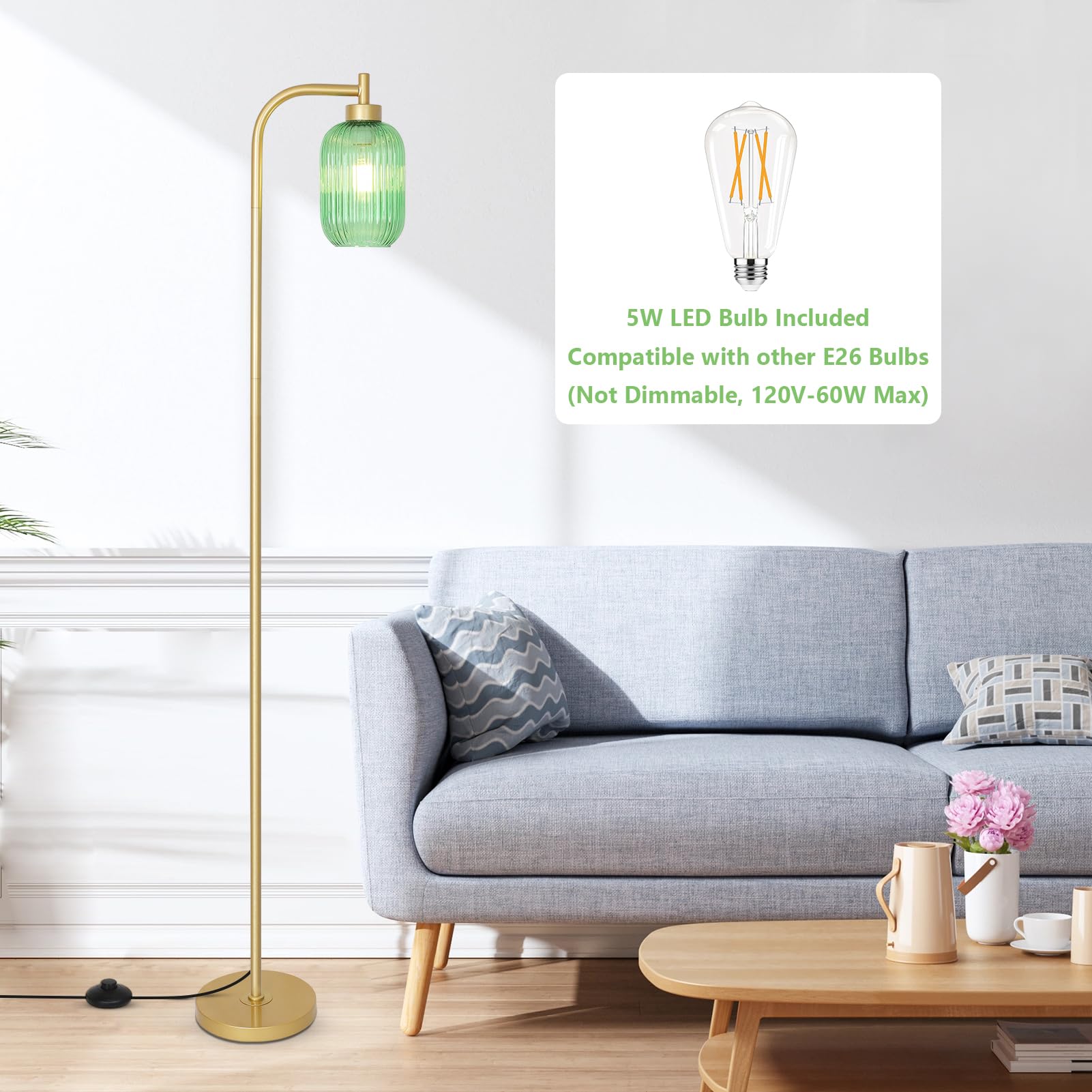 LAMSU Glass Floor Lamp - Modern Gold Standing Lamp with Green Stripe Shade, LED Bulb, Foot Switch, Minimalist Design for Living Room & Bedroom