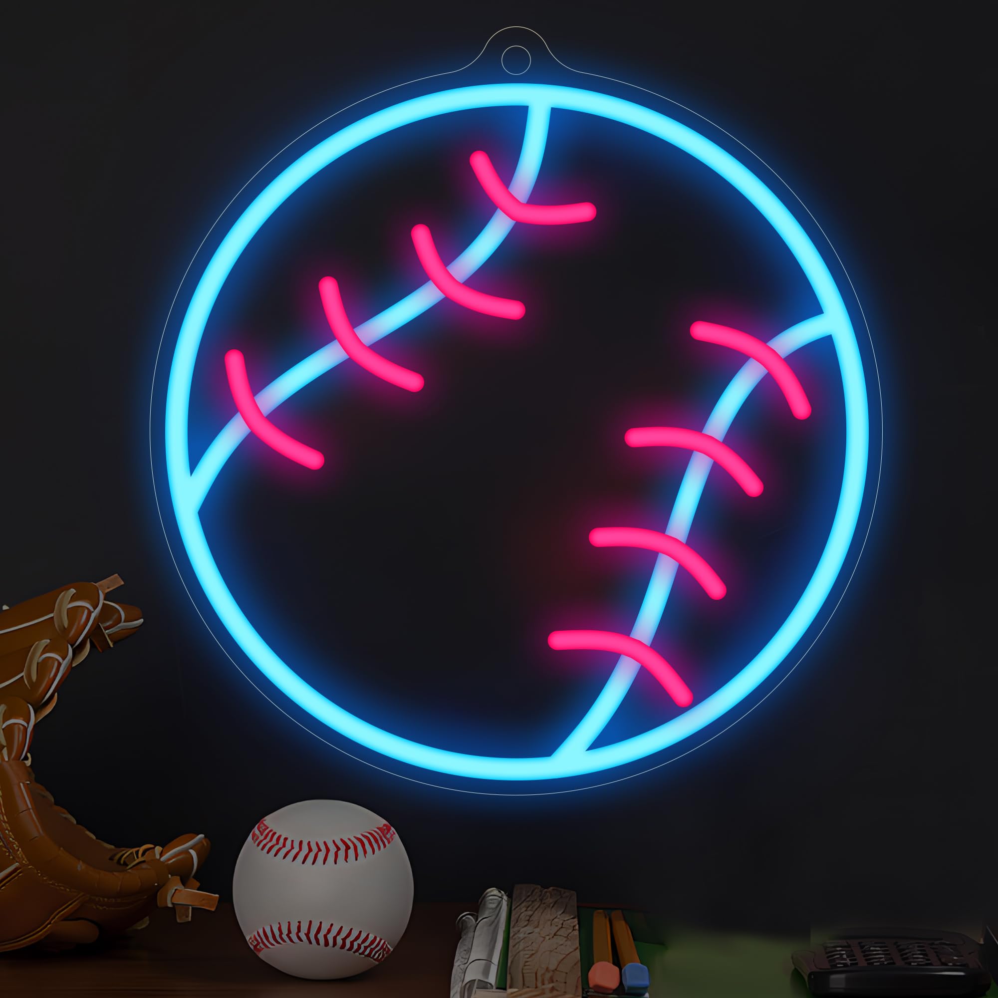 CoolGift Mart Baseball Neon Sign, Dimmable Sport LED Signs USB Powered with Pink and Blue Lights for Wall Decor Living Room Bedr