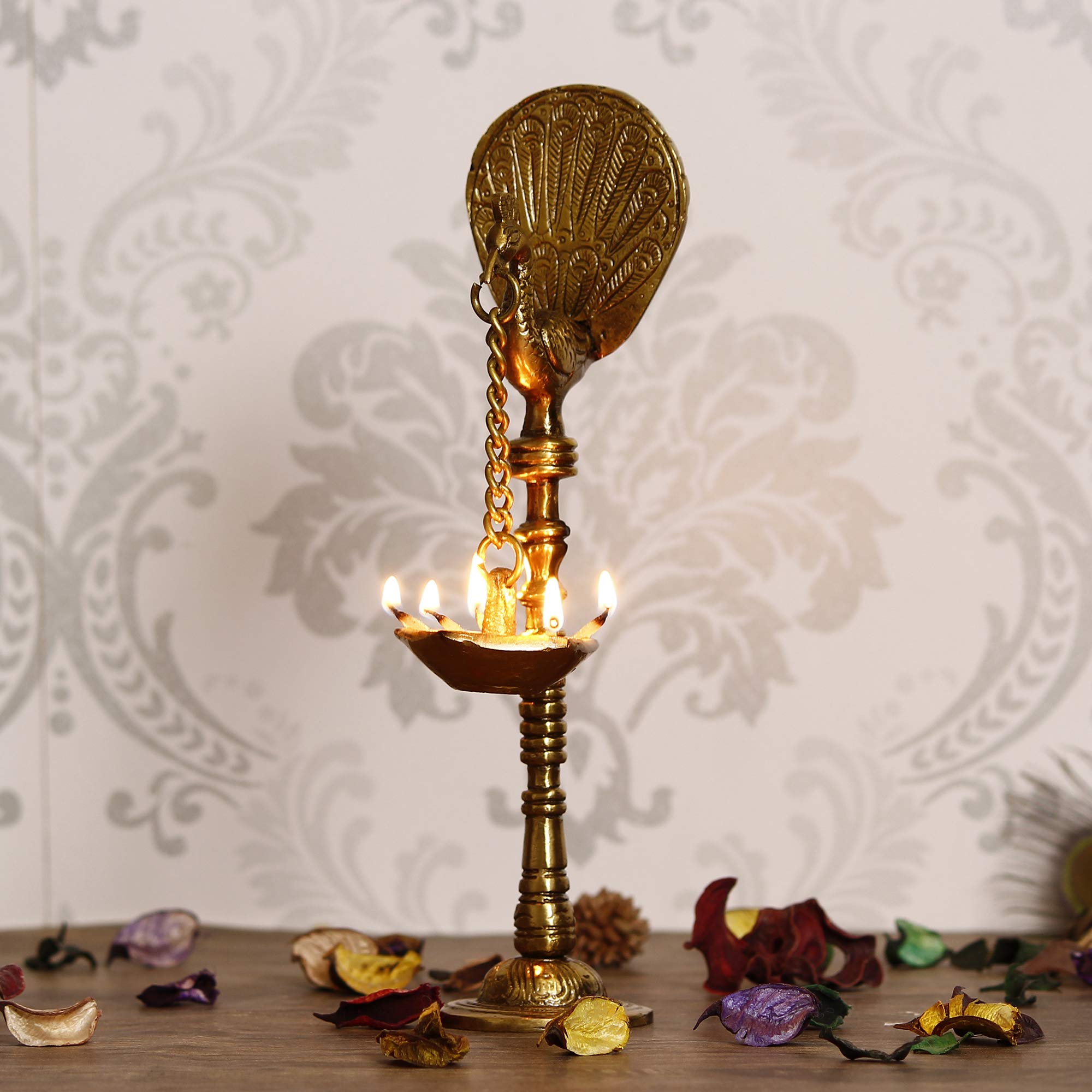 eCraftIndia Decorative Handcrafted Brass Peocock Showpiece Diya for 5 Wicks with Stand, (Model: BGGDB120), Golden, One Size