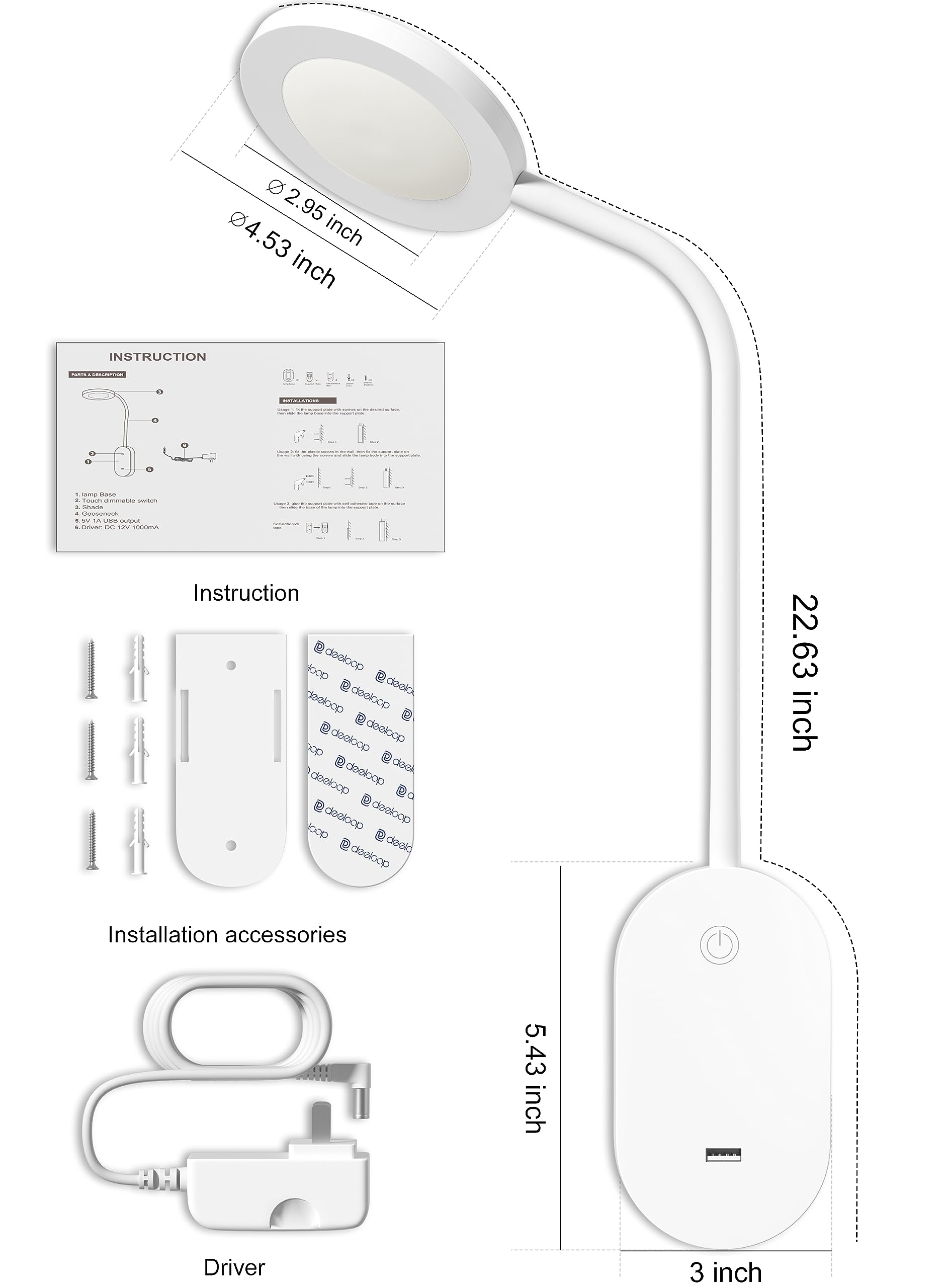 Deeloop Wall Mounted Reading Light,Book Lights With Usb Output, Reading Lamps For Bed Headboard In 4 Hours Auto-Off, Touch Contr