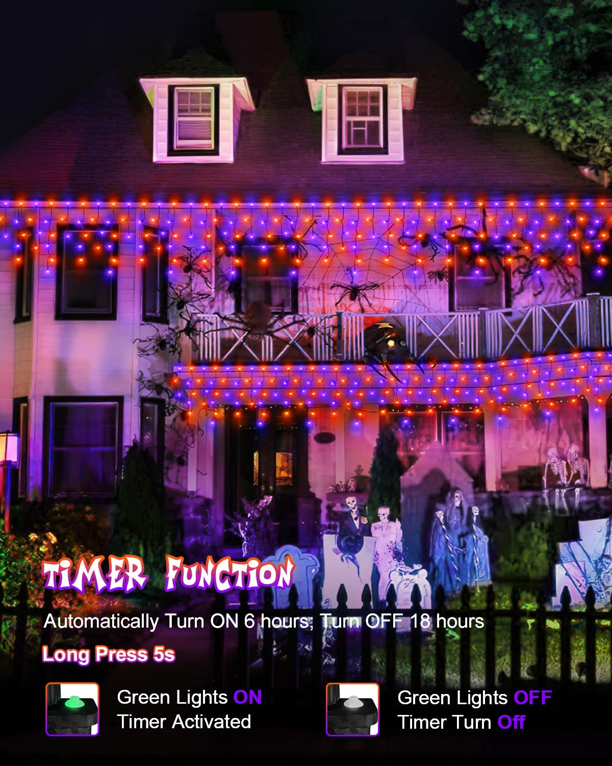 Jixxulvu Outdoor Halloween Lights  Waterproof 53Ft 486 Led Hanging String Lights With 108 Drops  8 Modes Timer  Connectable Plug-In Outside Lights For Party Eaves Yard Decorations  Purple And Orange