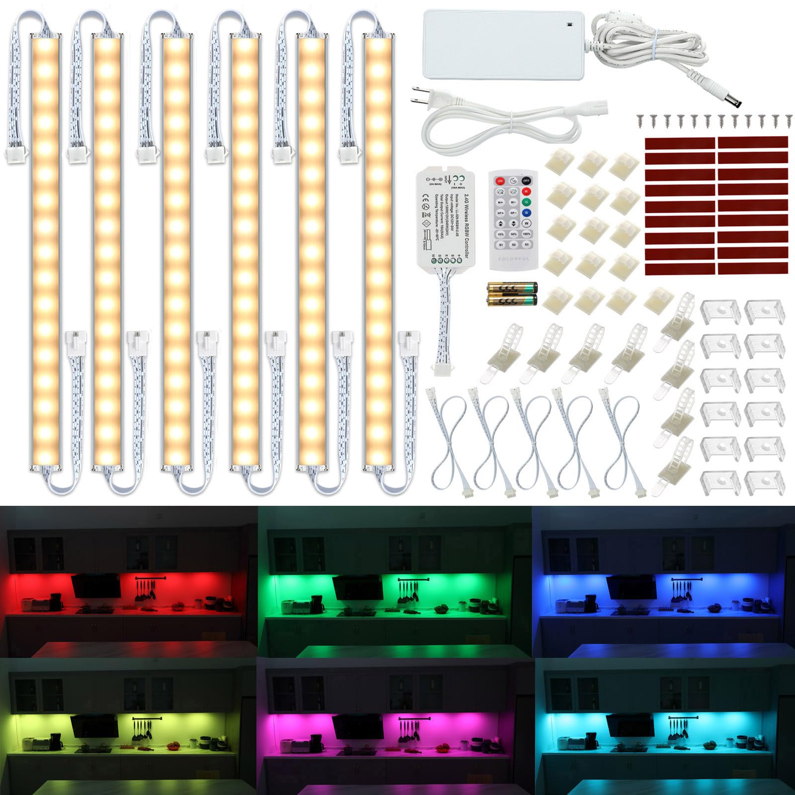 Litever Under Cabinet Led Lighting Kit. Rgb Color & Bright Warm White Light. Slim Linkable Led Light Bars With Power Adapter  Controller  Extension Cords. Max 24W. Dimmable. Plug In. Rgb + 3000K.
