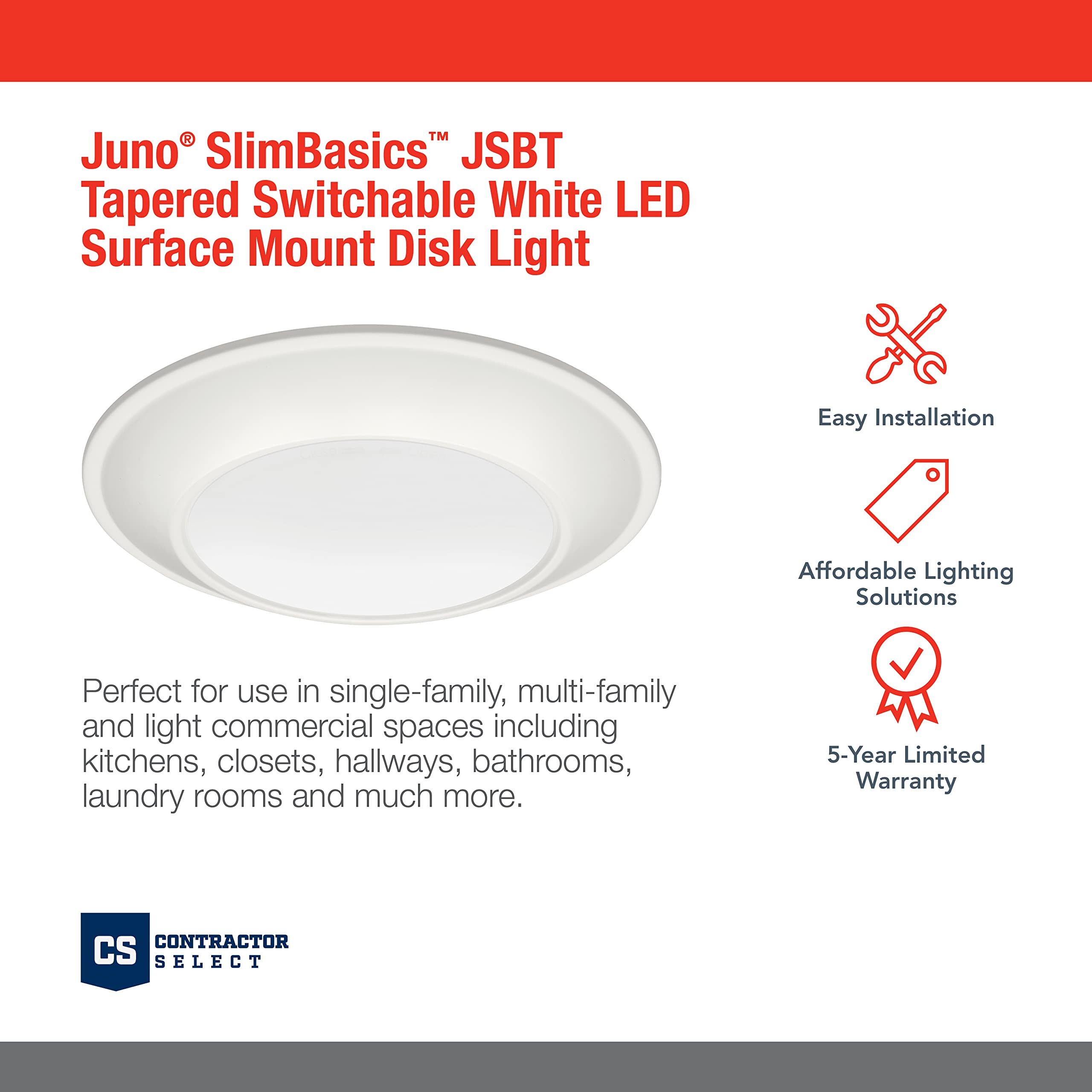Juno Jsbt 6-Inch Slimbasics Tapered Disk Downlight, Switchable, White (1 Pack)