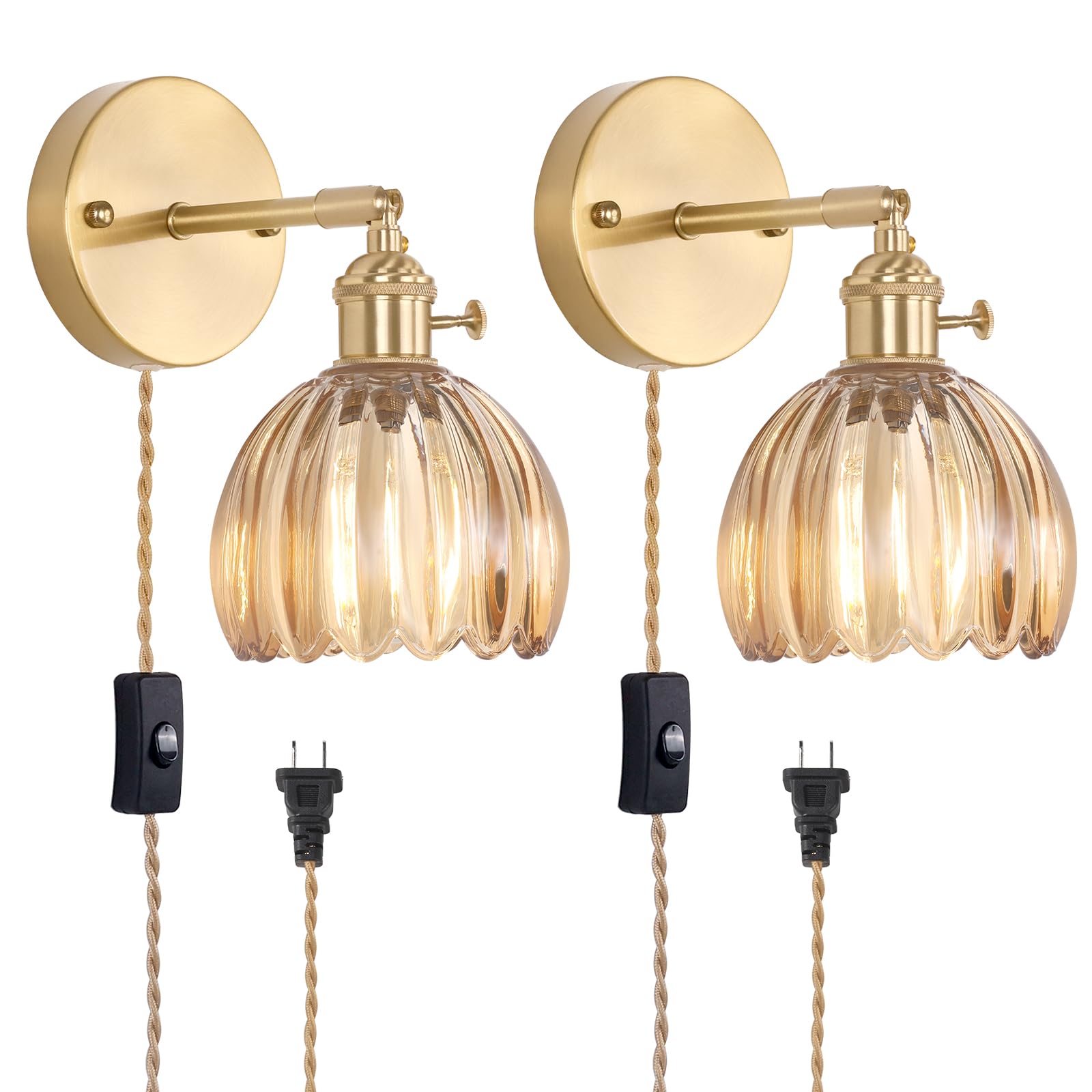 Shenmoyl Plug in Wall Sconce  Amber Tulip Glass Lampshade Wall Light Plugin Corded for Bedside Bedroom Doorway  2 Pack