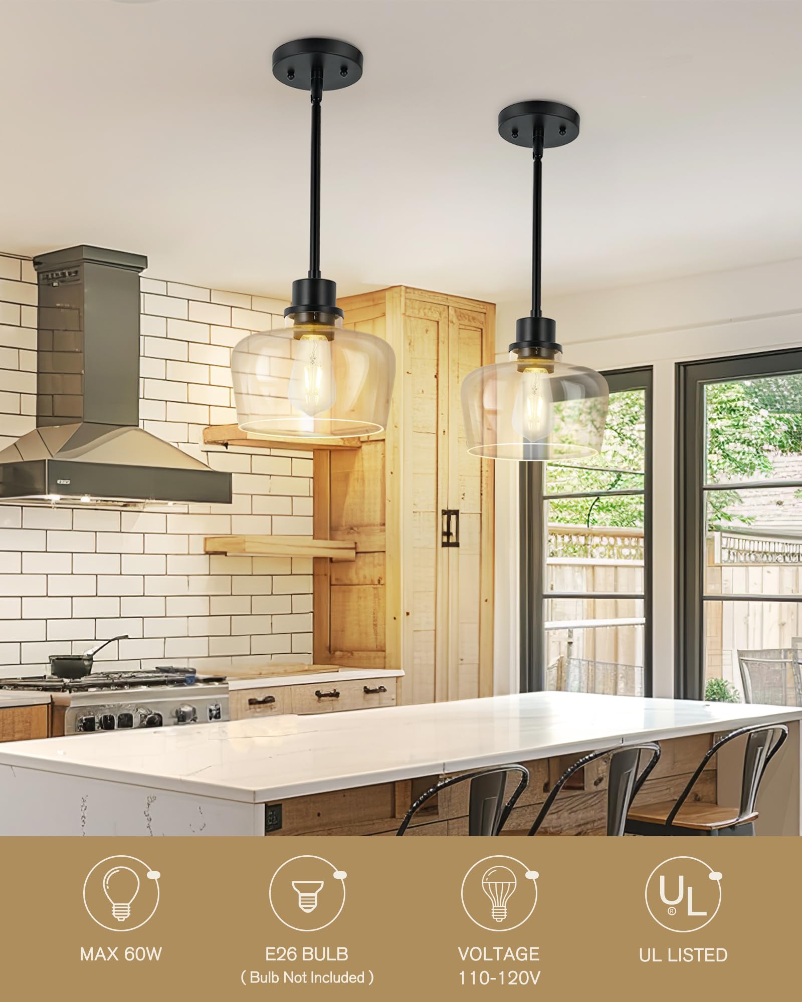 Emak Black Pendant Light Fixtures, Modern 10 Inch Clear Glass Pendant Lights Kitchen Island, Farmhouse Large Kitchen Island Ligh