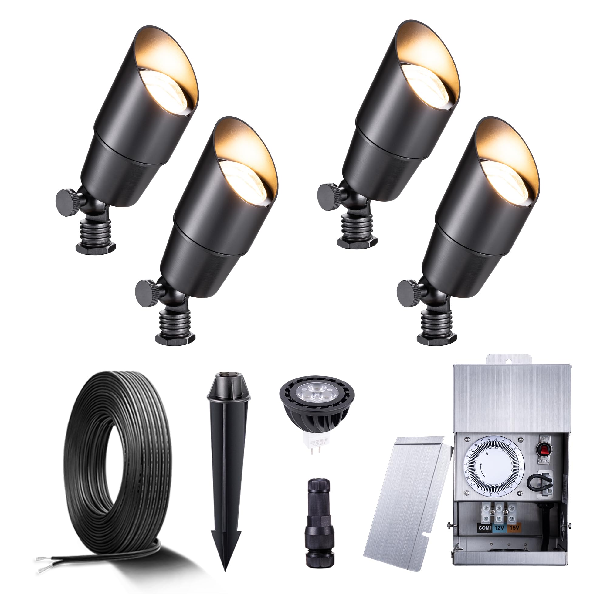 Gardenreet Black Brass Landscape Lighting Kit (4-Pack LED Spotlights) with Low Voltage Transformer 75W and Mechanical Timer and 100FT Cable and 20Pack Wire Connectors for Outdoor Garden Patio