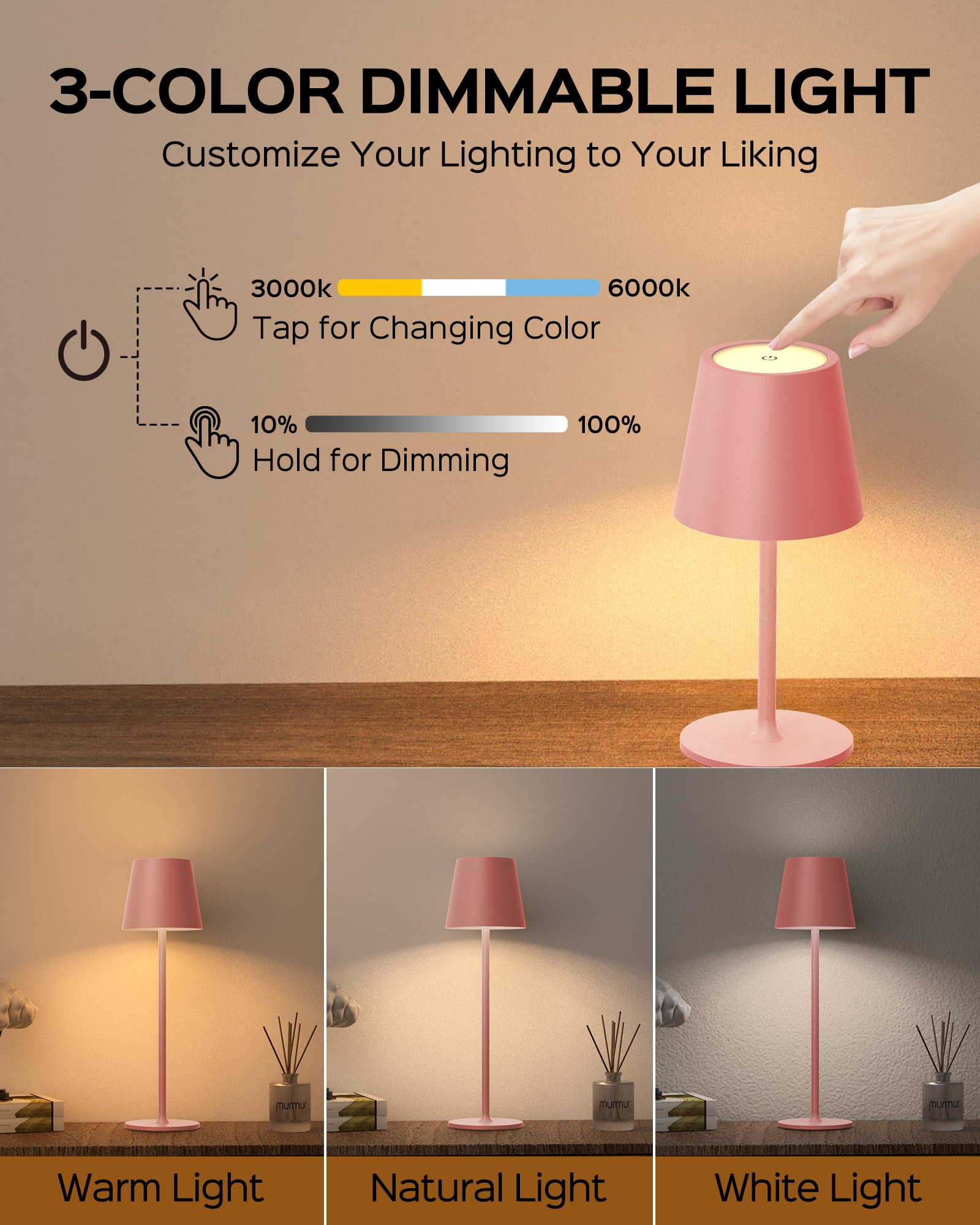 JACKYLED Cordless Table Lamps, 3 Adjustable Heights, Waterproof, 5000mAh Battery, 2 Pack, Girly Pink, Model JKTL02-7005409I