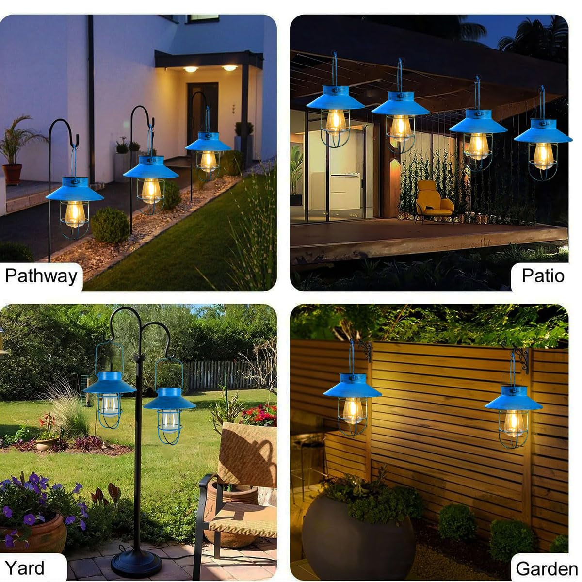 2 Pack Hanging Solar Lantern Lights With Shepherd Hook, Metal Waterproof Warm White Edison Bulb Lights For Garden Outdoor Pathwa