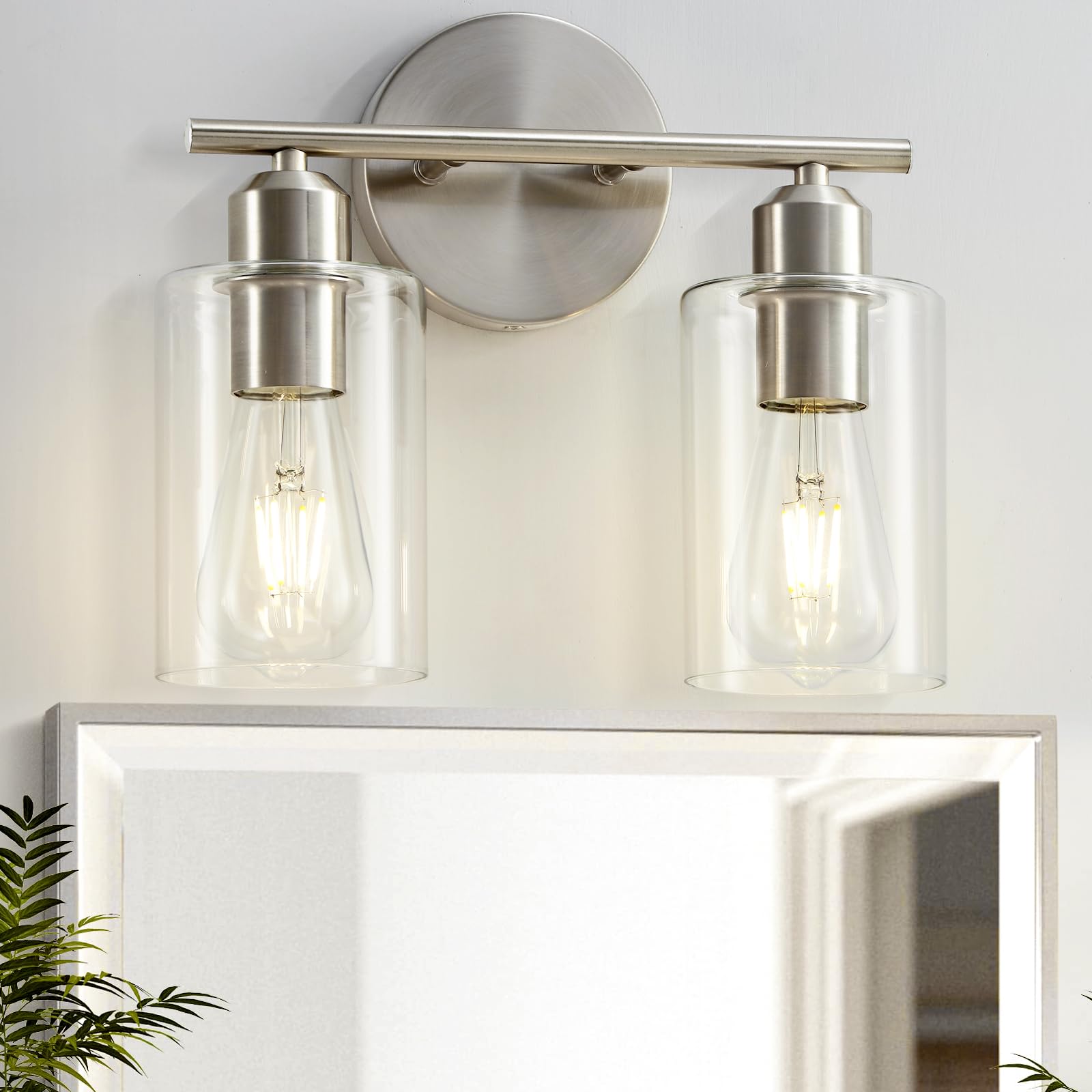 Seable Brushed Nickel 2-Light Bathroom Vanity Light Fixture With Clear Glass Shade, Ul Listed