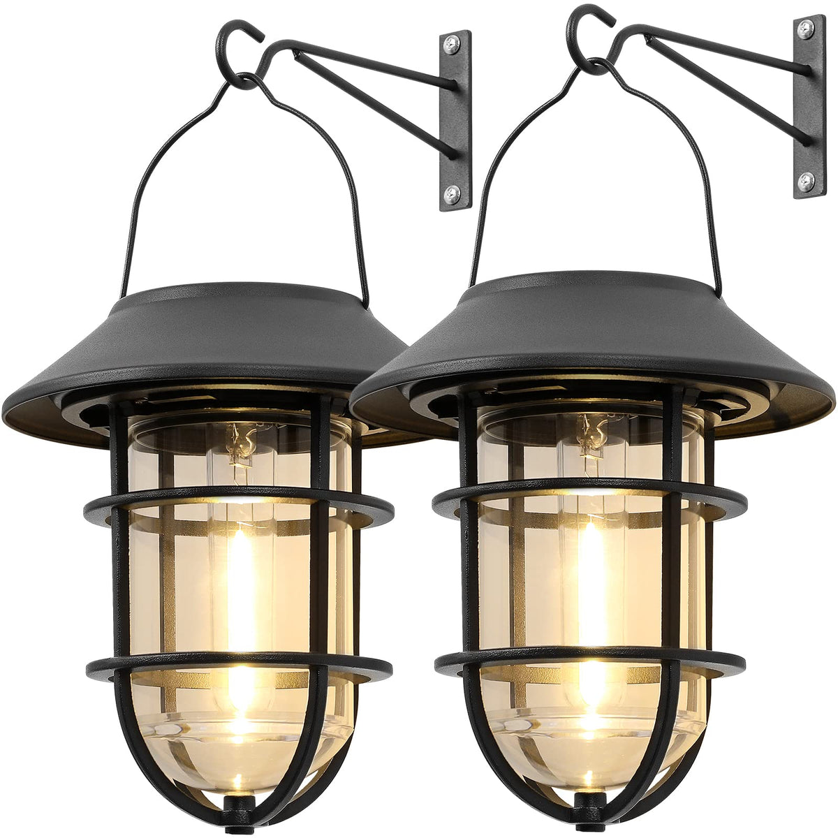Upgrade Solar Outdoor Lights, Hanging Solar Lantern, Waterproof Solar Lights With Wall Mount Kit For Garden Patio Porch Fence Decor 2 Pack
