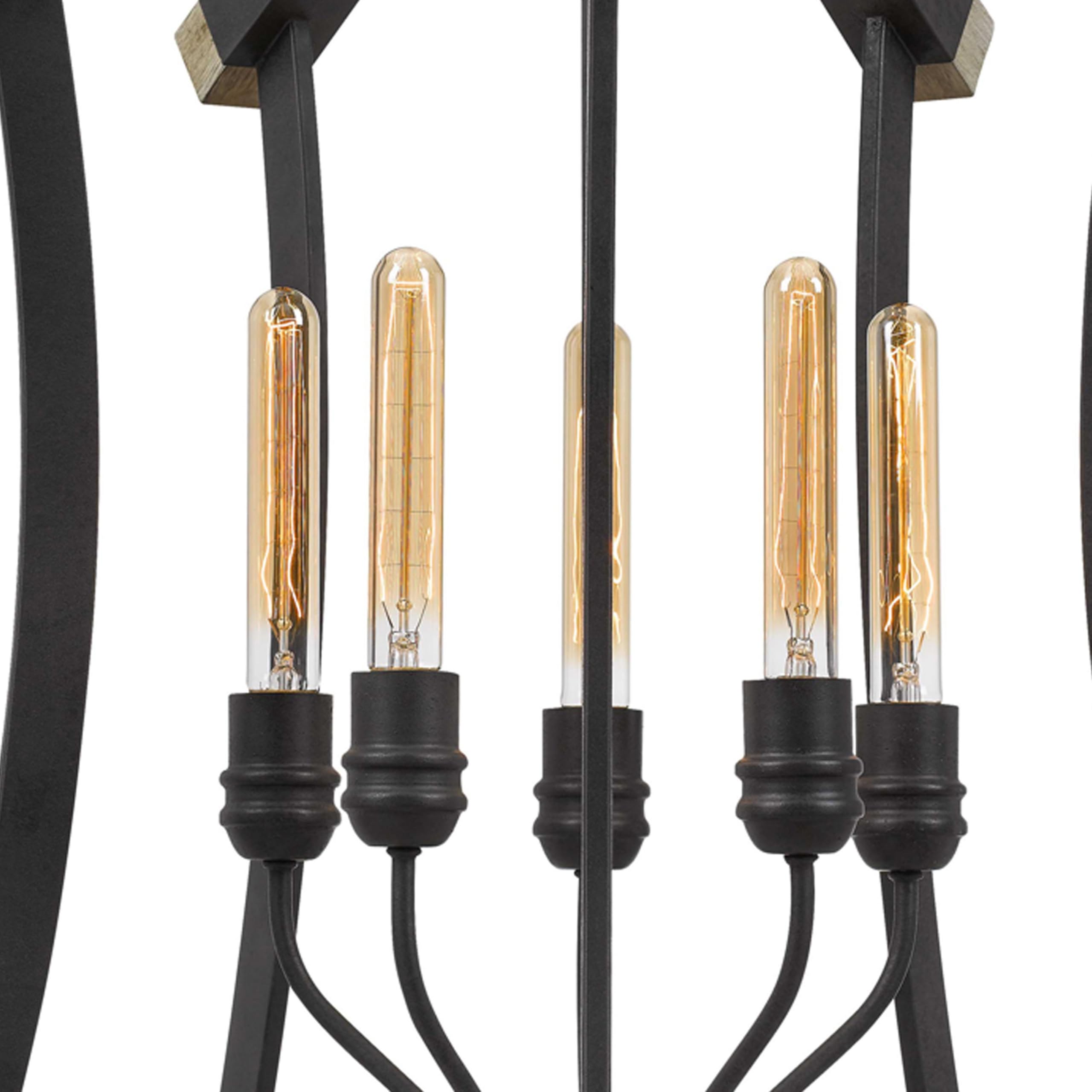 Benjara 5 Bulb Pendant Fixture With Wooden And Metal Frame, Brown And Black