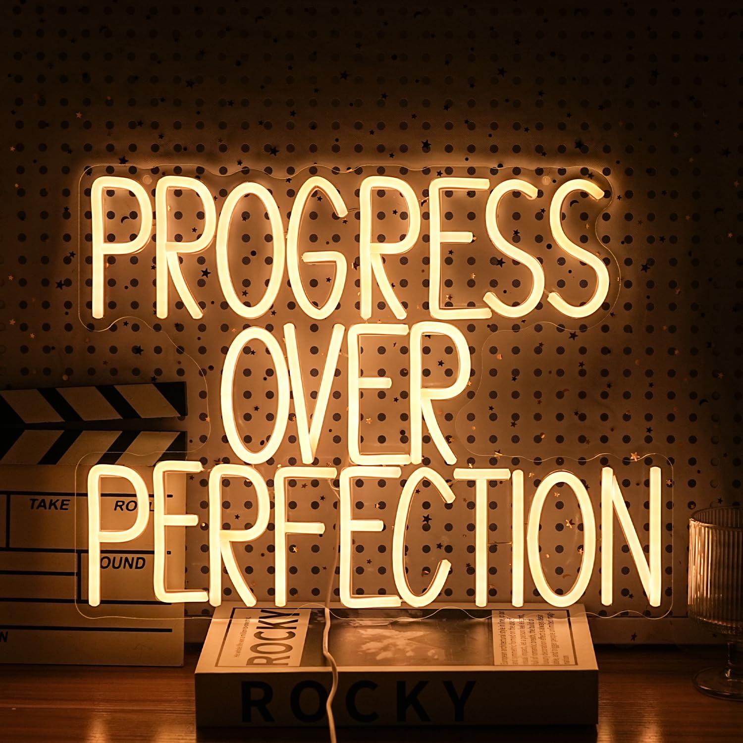 GNVETZLL Progress Over Perfection Neon Sign LED Wall Decor Warm White 16.5x12.6in Acrylic USB Powered