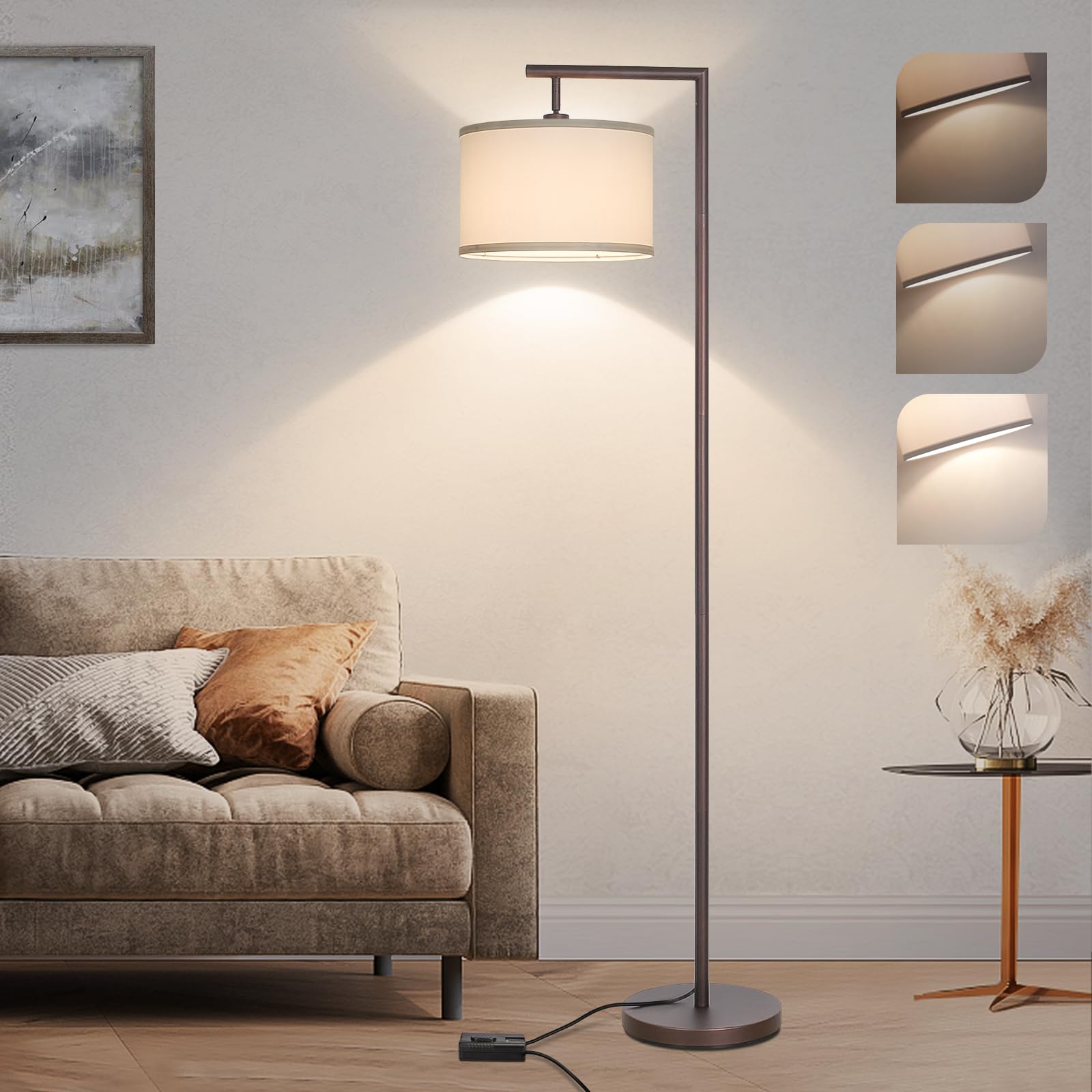 Fully Dimmable Floor Lamp Brown, Arc Floor Lamp for Bedroom with Adjustable Hanging Shade & Foot Switch, Modern Standing Lamp Co