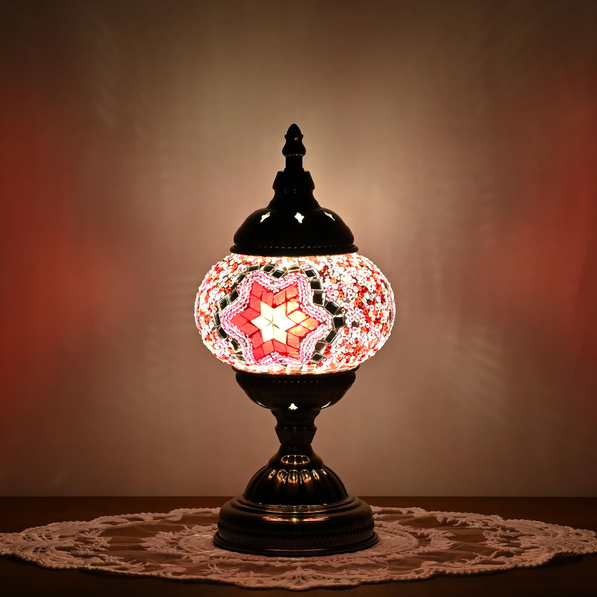 GOGERS Table Lamp Lantern - Handmade Mosaic Glass, Tiffany Style, Pink, Model GS-HH-Y8, Bohemian Decorative Desk Bedside Light