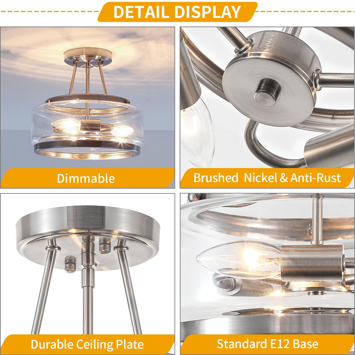 Brushed Nickel Modern Glass Ceiling Light  3-Light Drum Semi Flush Mount Ceiling Light Fixture  Entryway Light Fixture  Ceiling Lamp For Hallway Bedroom Laundry Kitchen Dining Room Lighting  Ul-Listed