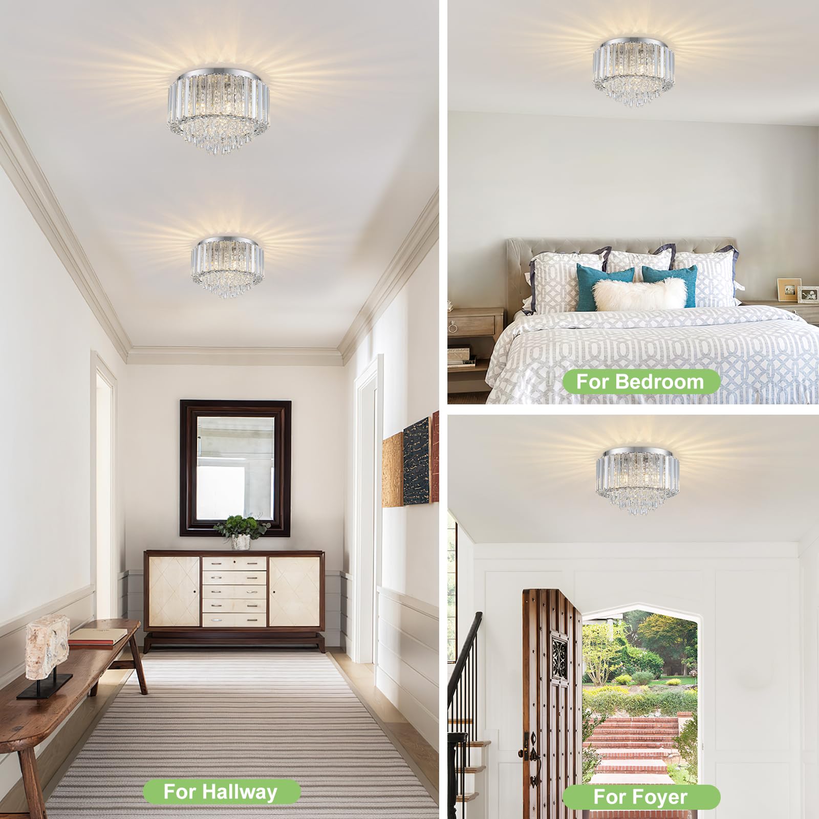 HOPGGIE Crystal Chandelier Light Fixture, 11.8 Inch Semi Flush Mount, Chrome, Model HJ-019 for Bedroom, Hallway, Kitchen