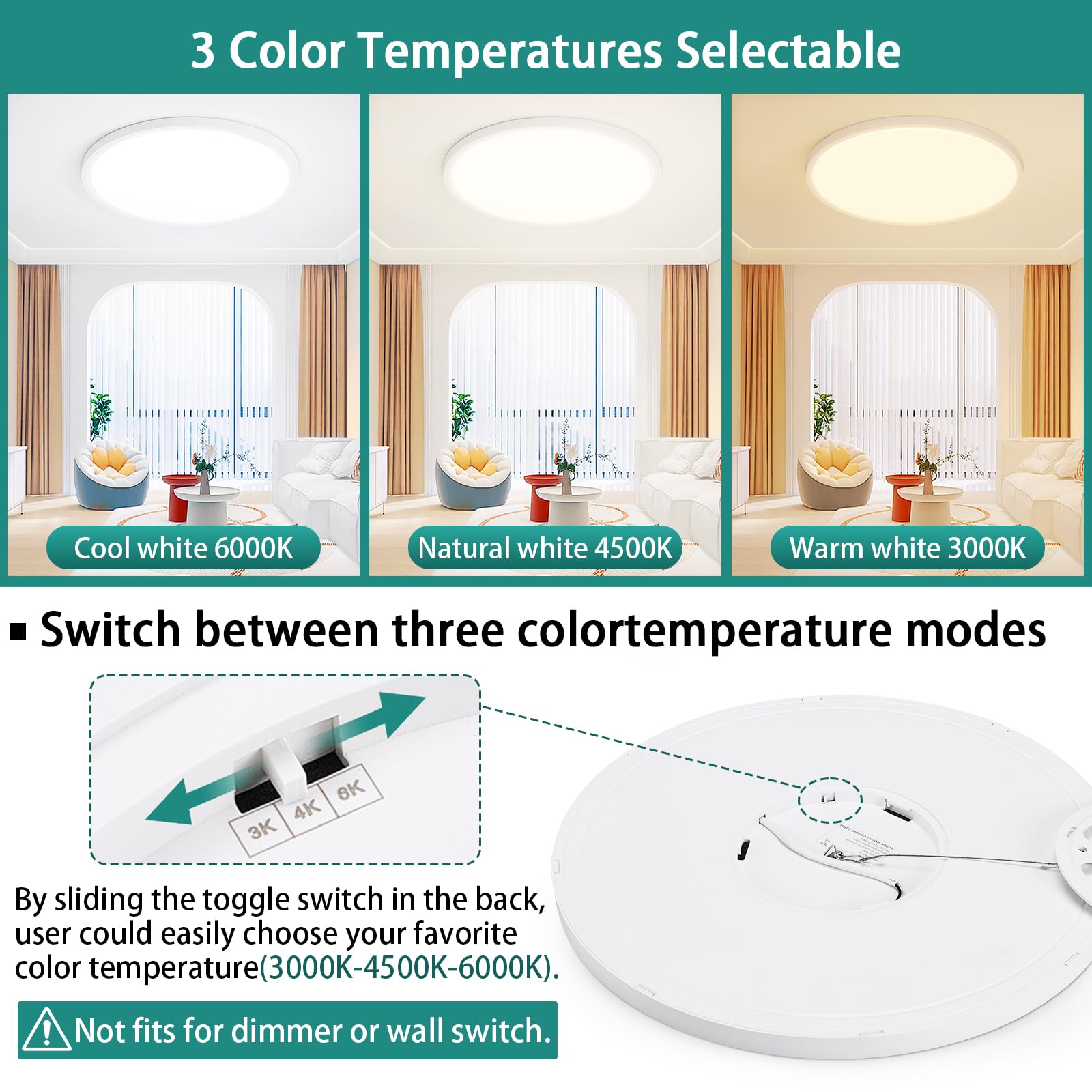 16'' Dimmable Led Ceiling Light Fixture, Ultra Thin Flush Mount, 28W 2800Lumen, 3 Color Changeable, Round, White, For Dining Roo