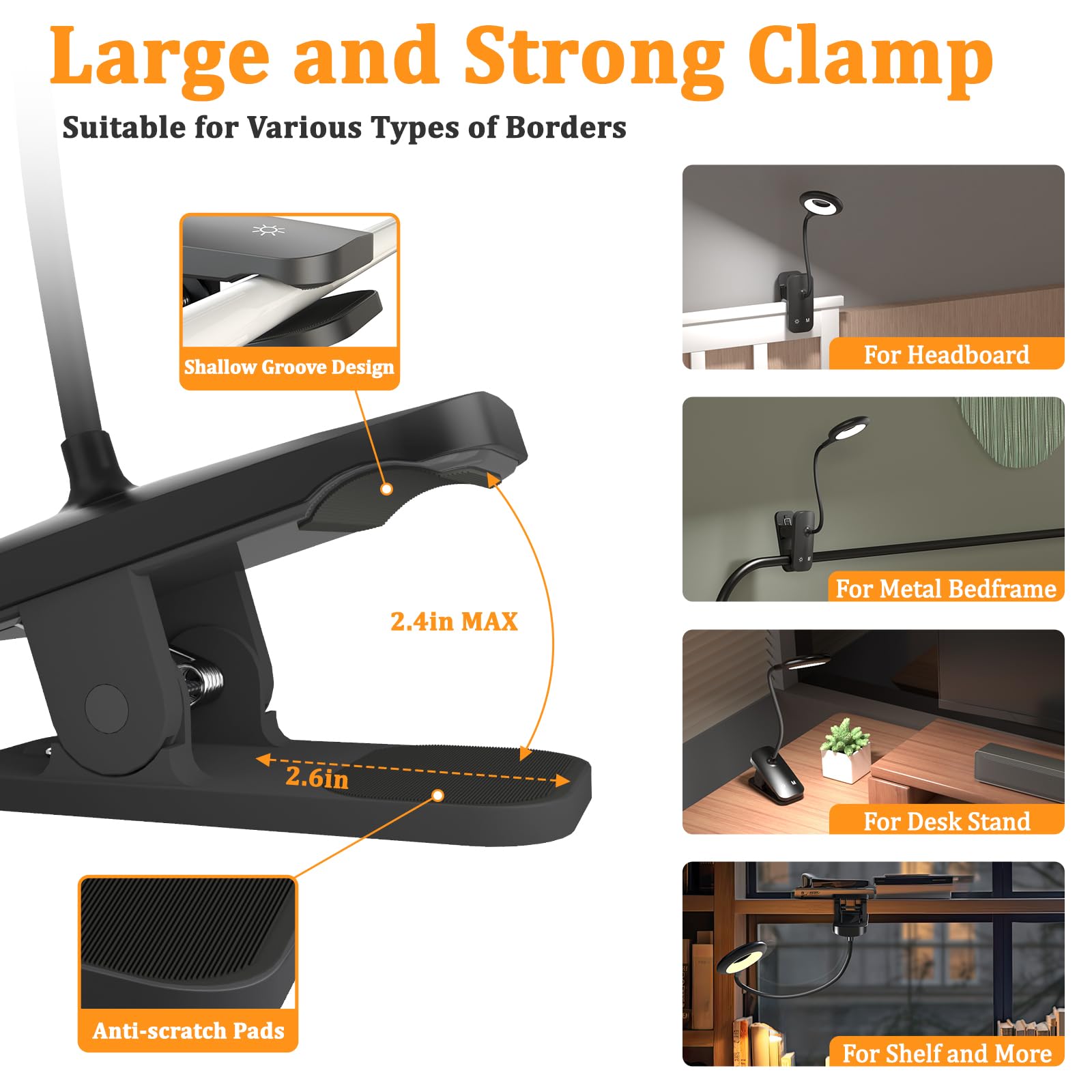 Hecdstly 2 Pack Clip On Reading Light For Bed Headboard, Battery Rechargeable Large Clamp Bed Lamp - 5 Colors 5 Brightness, Flex