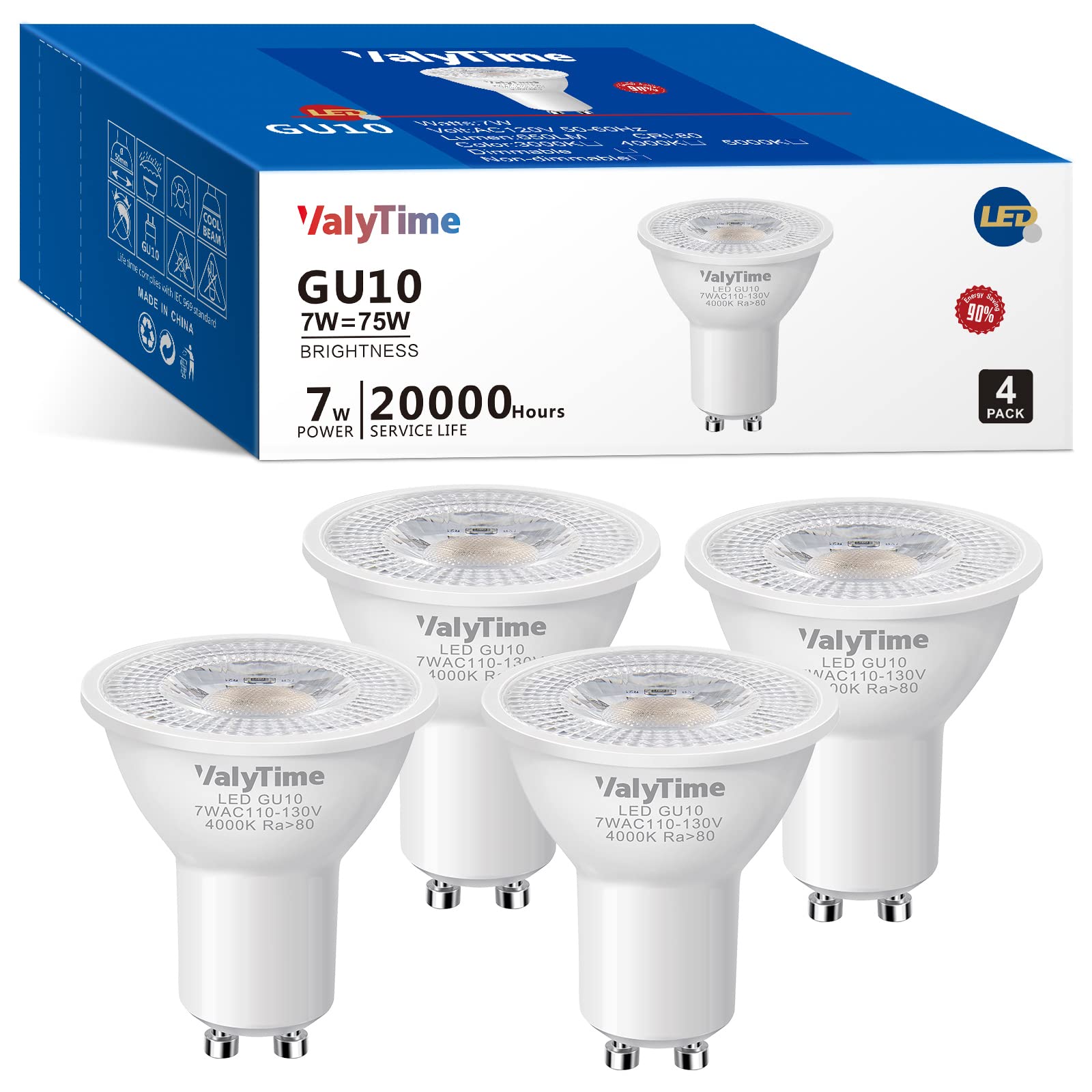 Valytime Gu10 Led Light Bulbs 7W (50W -60W-75W Equivalent) Gu10 Shape Halogen Replacement Bulb 38° 120V 650Lm Non-Dimmable For Track Spot Lighting Indoor Recessed,Natural White 4000K, 4 Pack