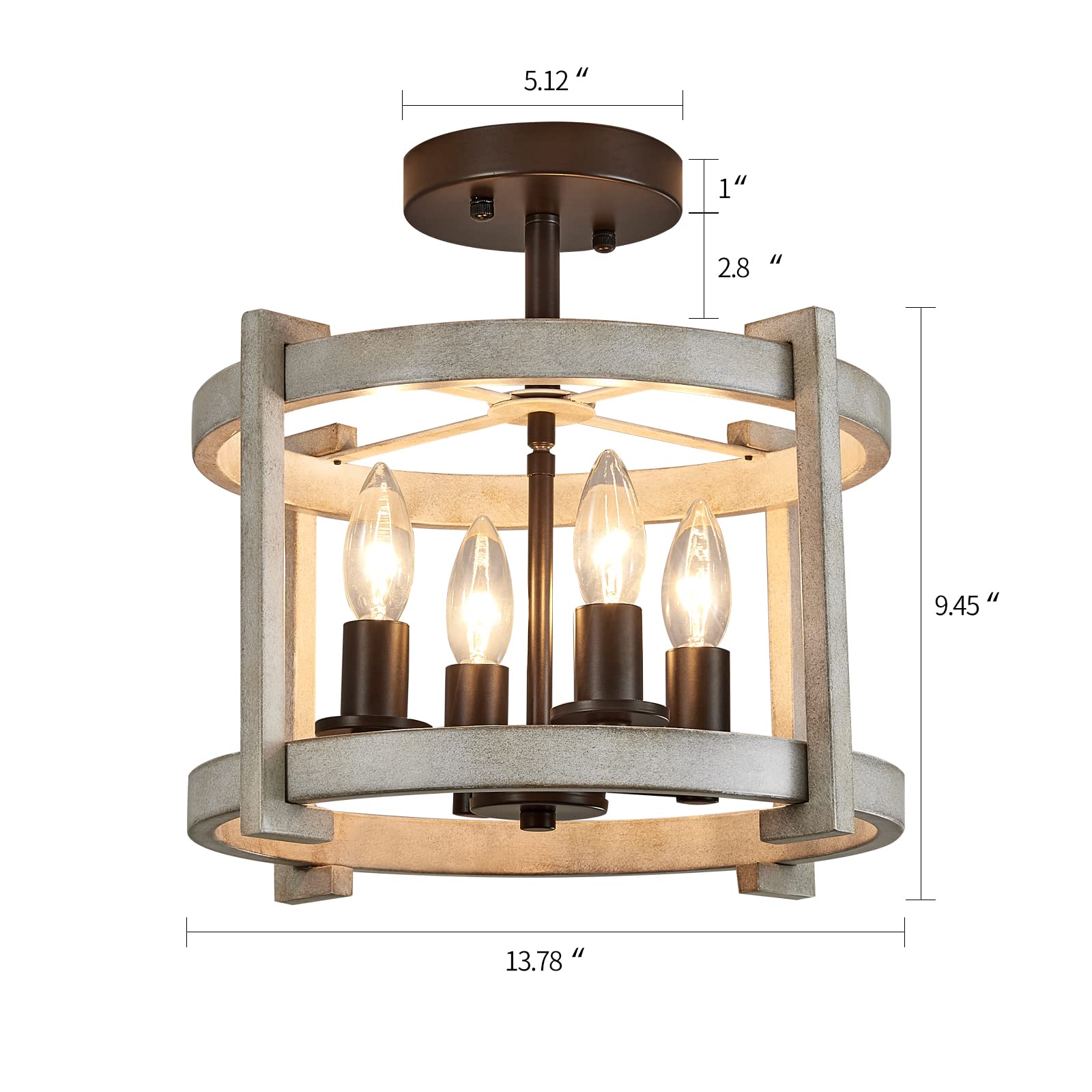 Meixisue 4-Lights Retro Semi Flush Mount Ceiling Light Fixtures,Orb+Oak White,Farmhouse Rustic Vintage Antique Ceiling Light Fix
