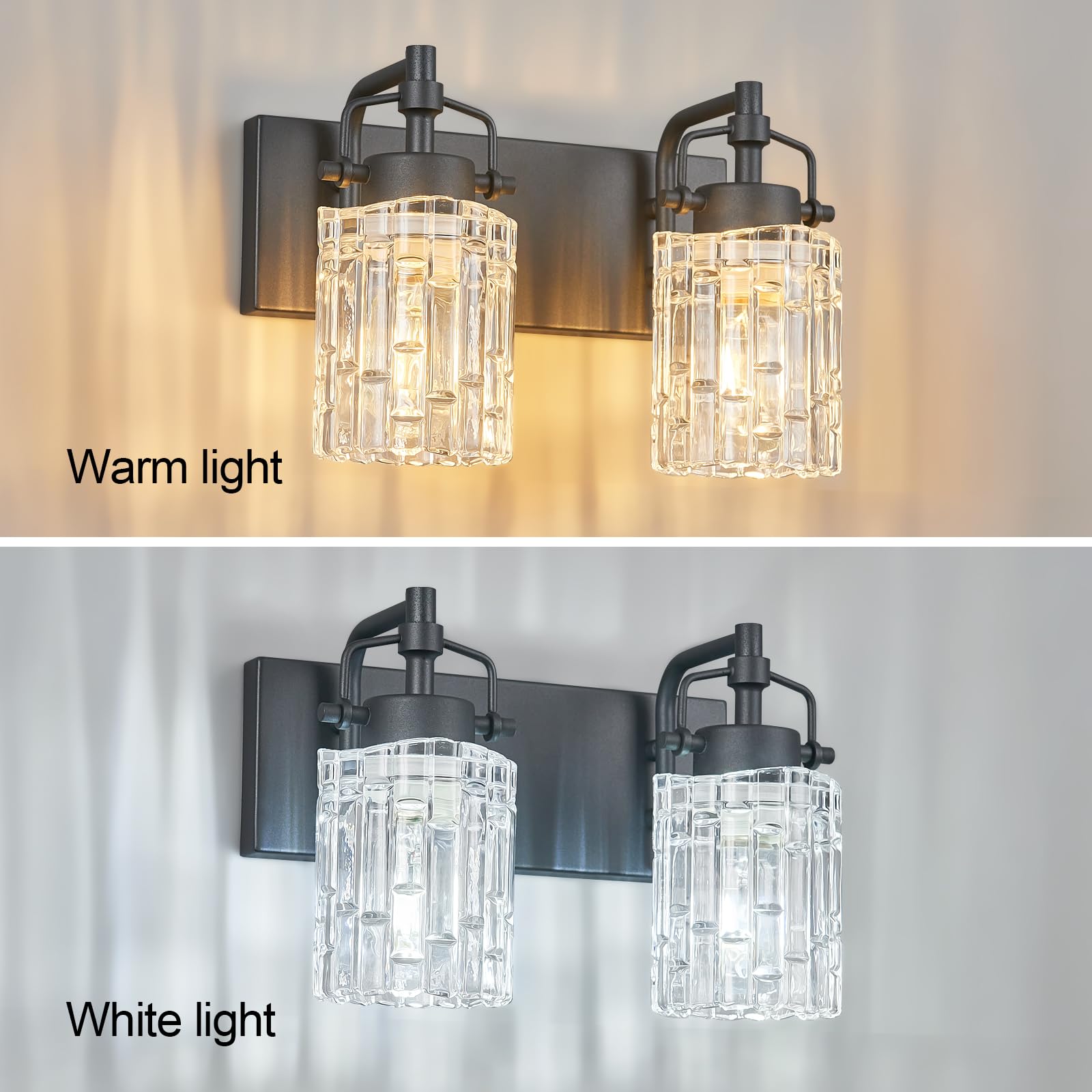 BNHHLZ Bathroom Vanity Light 2-Light Black Metal Fixture with Crystal Glass Shade, Model 4132