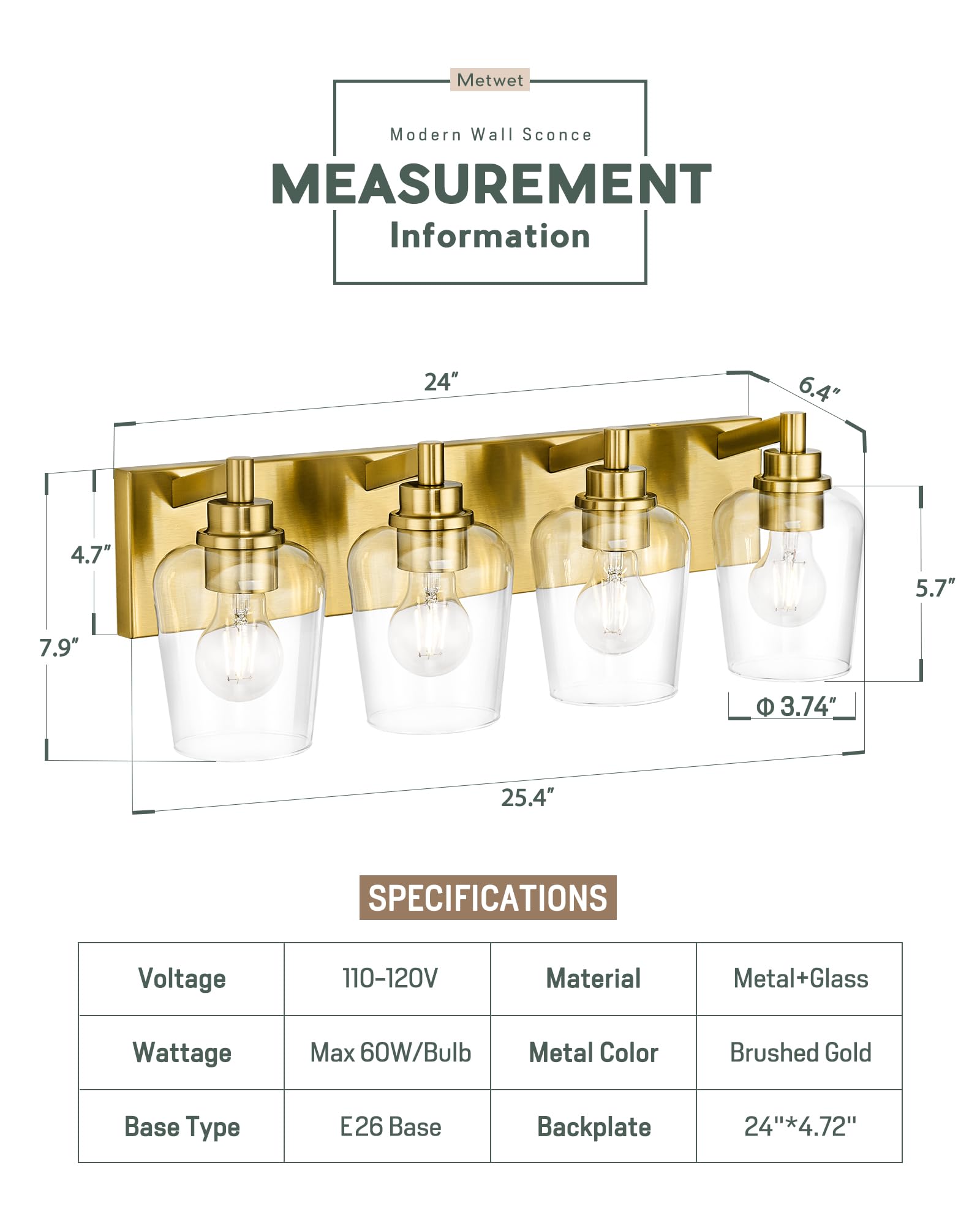 METWET 4-Light Bathroom Vanity Light Fixture, Modern Brushed Gold with Clear Wine Glass Shades, Model VL155-BG-4