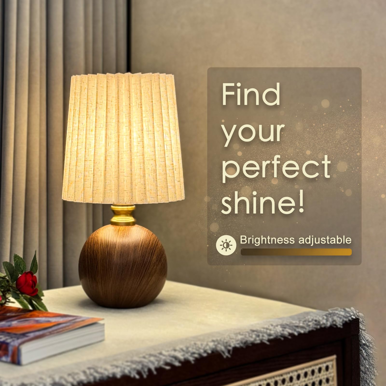 Small Pleated Table Lamp Set Of 2 For Bedroom, Mini Bedside Lamps For Nightstand With Round Fabric Linen Shade, Dimmable Desk La