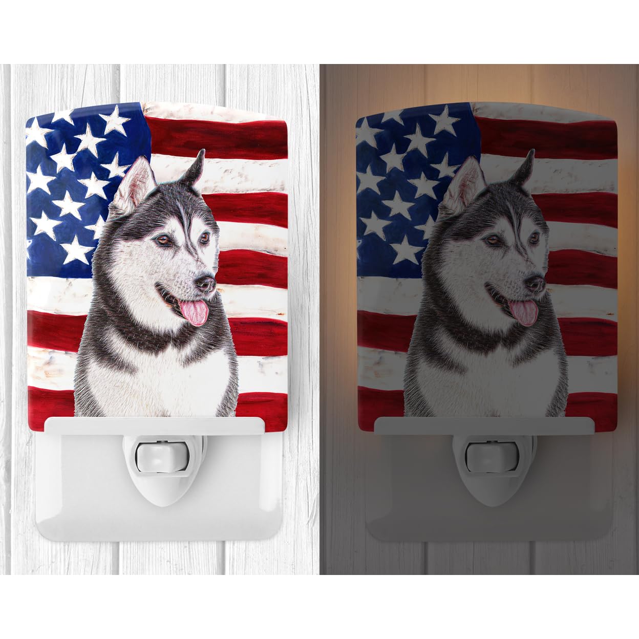 Carolines Treasures Ceramic Night Light, USA Flag & Alaskan Malamute, 6x4x3in, Multicolor, Model KJ1154CNL