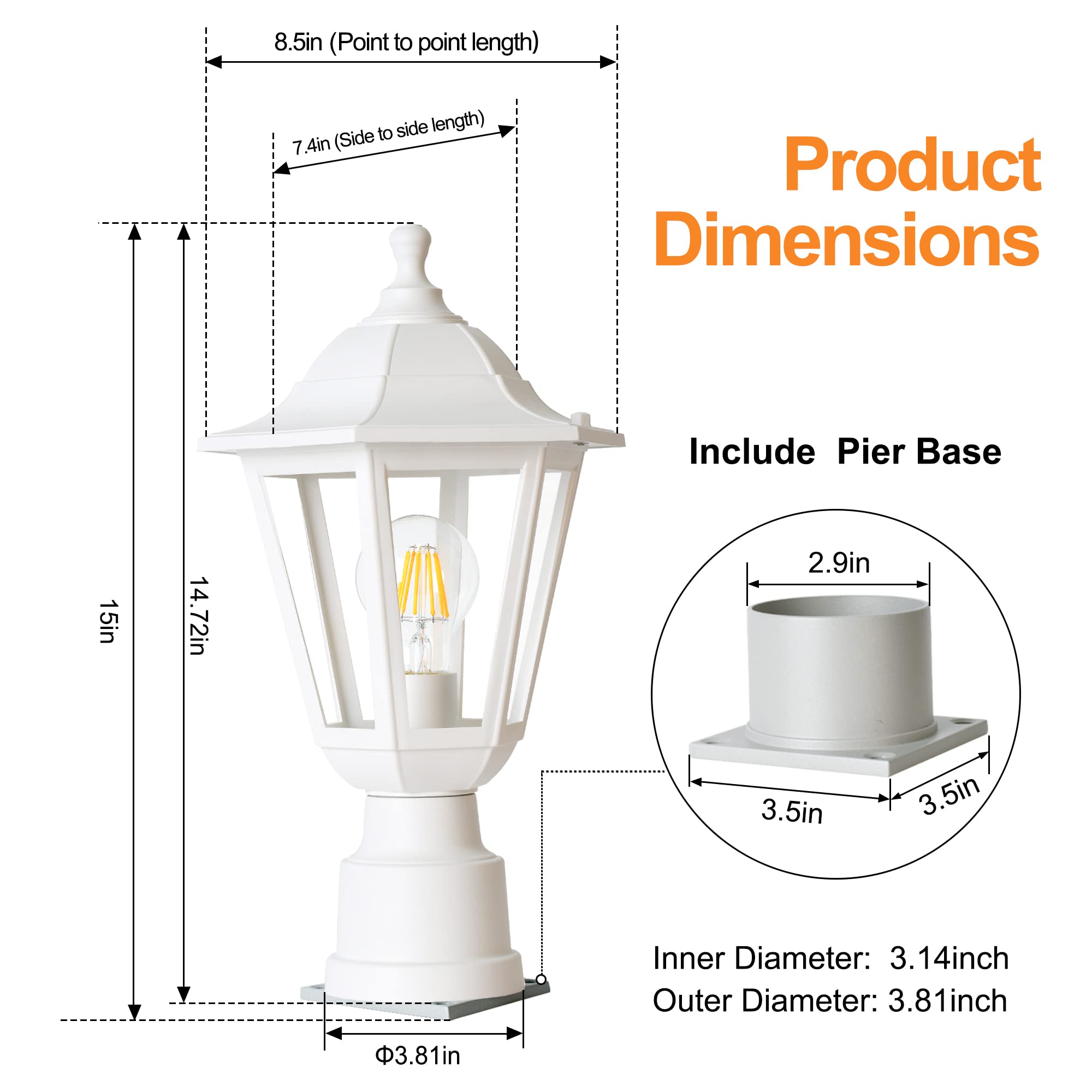 FUDESY Outdoor Post Light Fixture, Waterproof Plastic Lamp with E26 Socket, Model FDS6163W1, White, Pier Mount Base for Garden and Patio