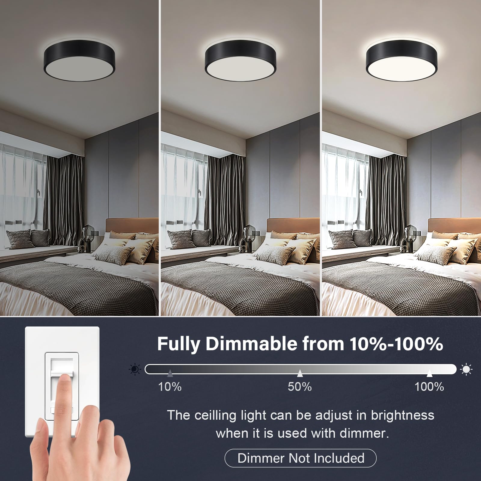 Peblto Dimmable Black Led Ceiling Light, 11.8In Modern Flush Mount For Bedroom & Kitchen