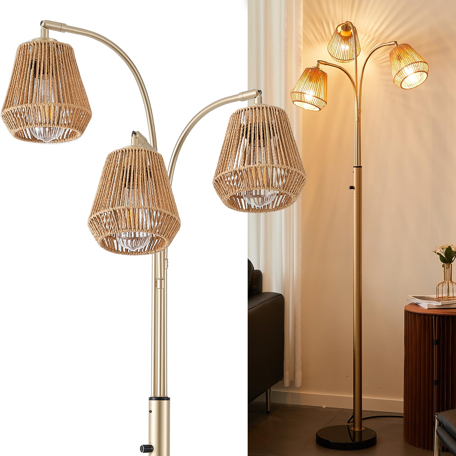 GHCKER Gold Rattan Floor Lamp for Living Room, 72 Inch Tall Boho Floor Lamp with Rotary Switch, 3 Lights Arc Lamp with Wicker Sh
