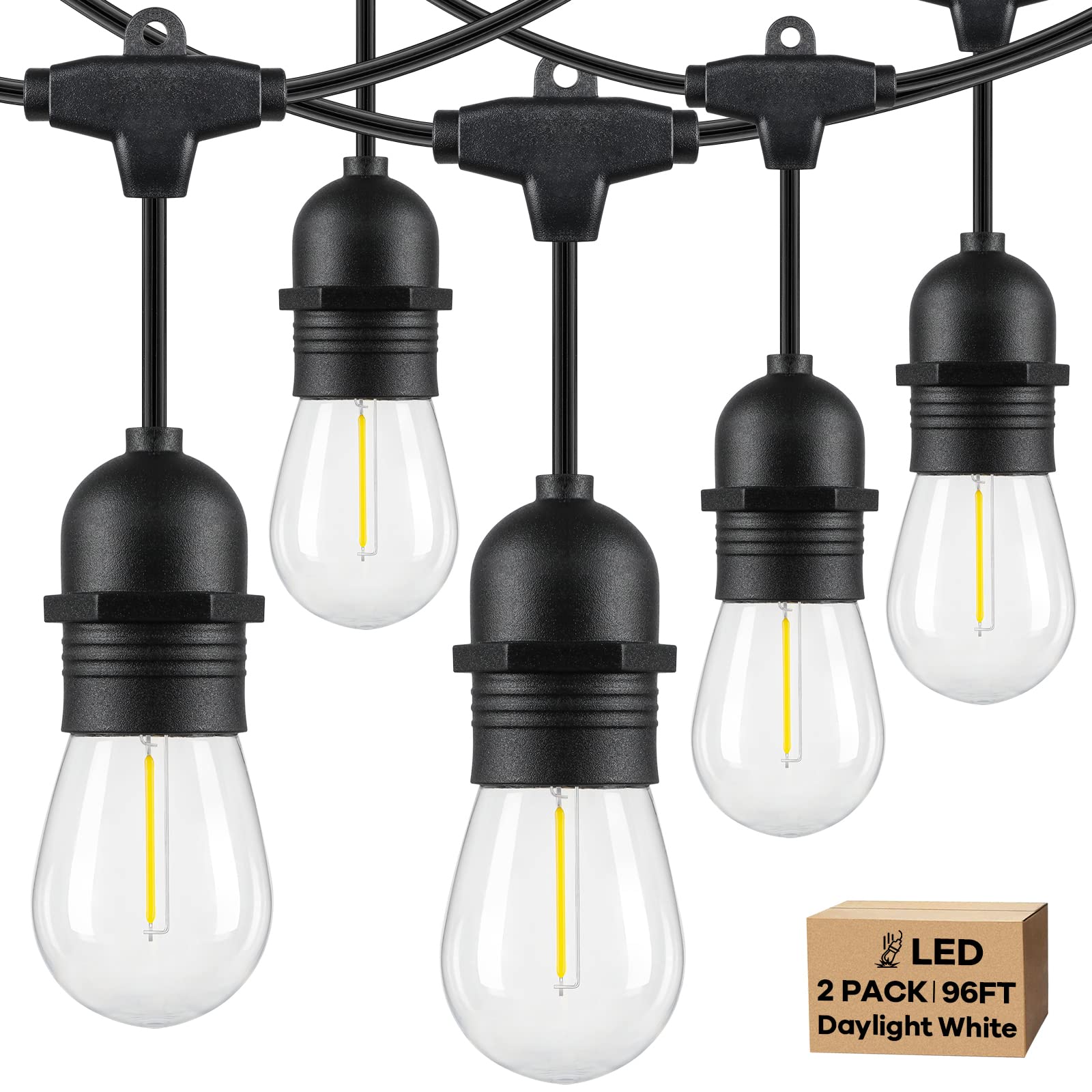 Lakumu 2-Pack Outdoor String Lights, Waterproof Dimmable 5000K Daylight White E12 Filament S14 LED Bulbs, Black