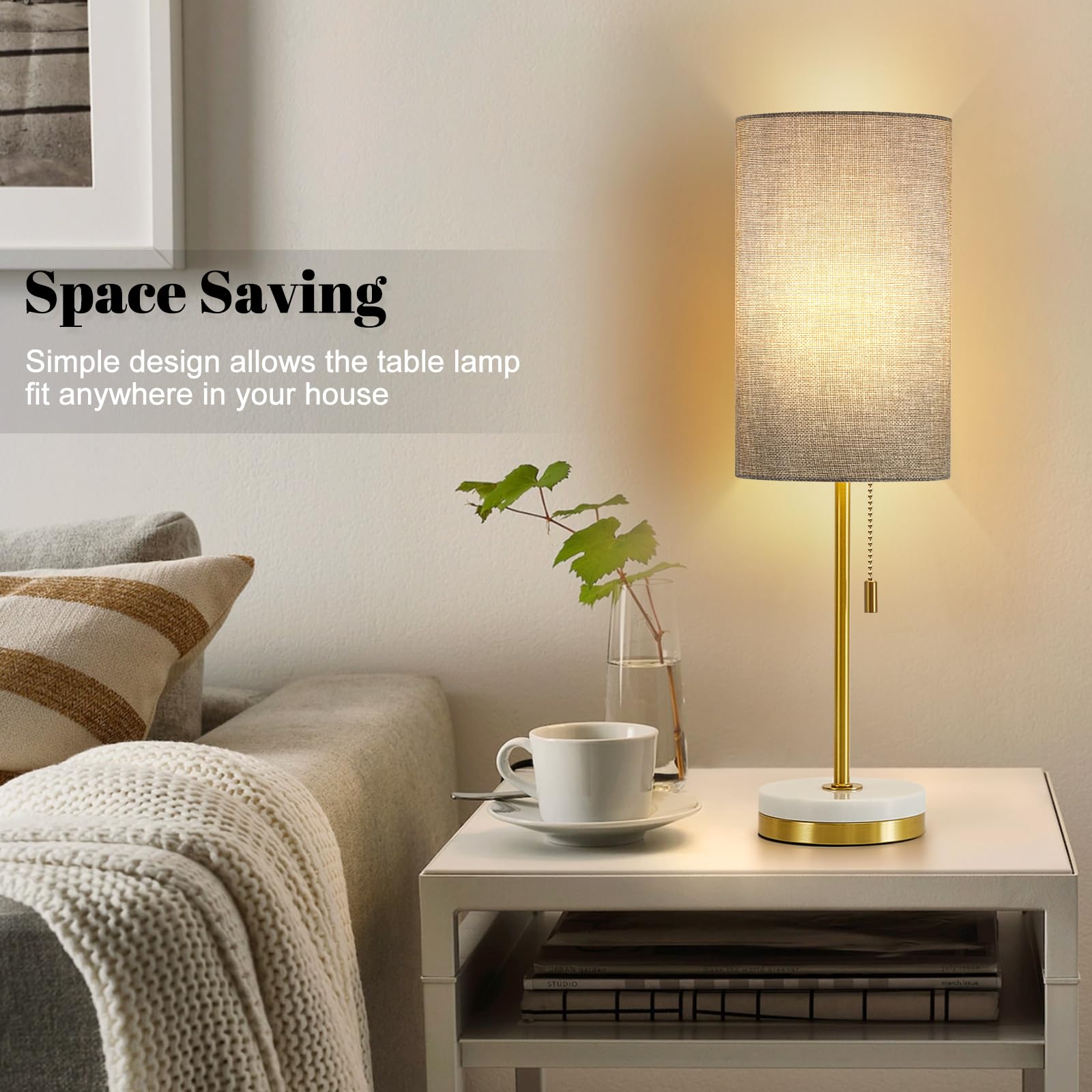 Luvkczc Minimalist Table Lamp Set of 2, Modern Pull Chain Bedside Lamp, Marble Base, Fabric Shade, Grey, Model 2TL-066C