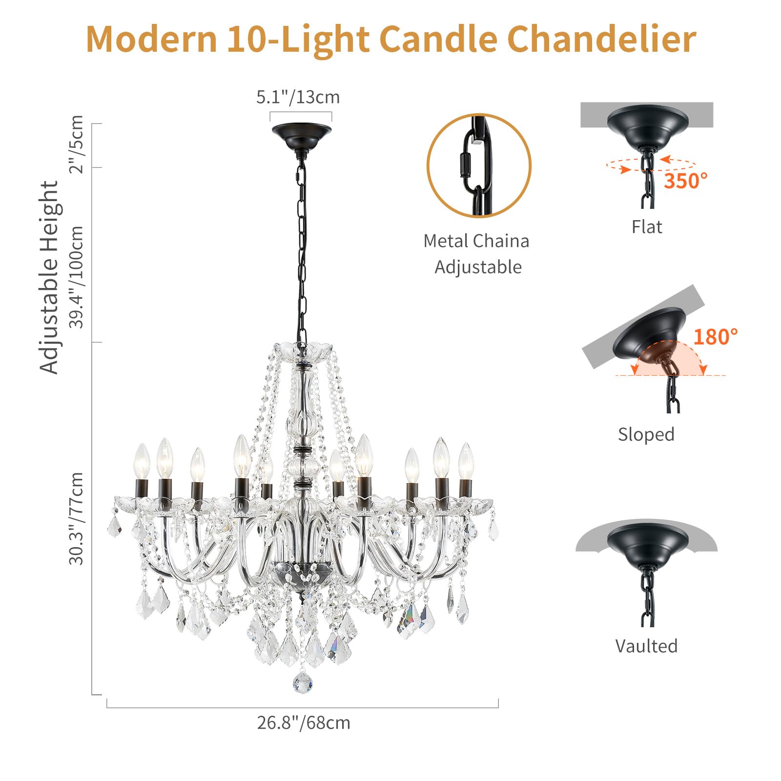 ANJIADENGSHI Large Black Crystal Chandelier, 10-Lights, 30.3in High x 26.8in Wide, Modern Design for Dining Room, Living Room, F