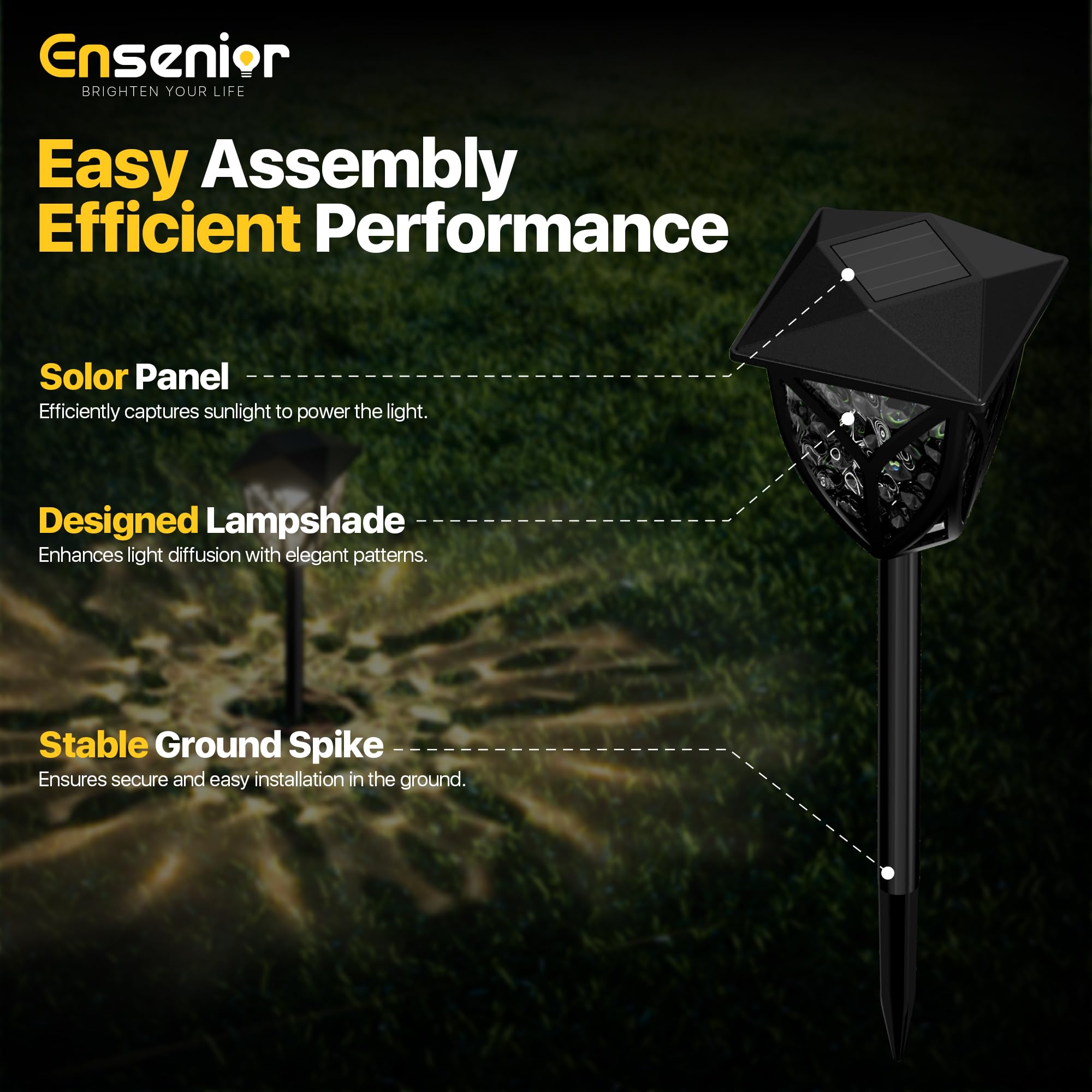 Ensenior Solar Garden Lights - 3000K LED, Waterproof, Black, 6-Pack, Model CP1-9CM-30K-06-BL-ZY-M02
