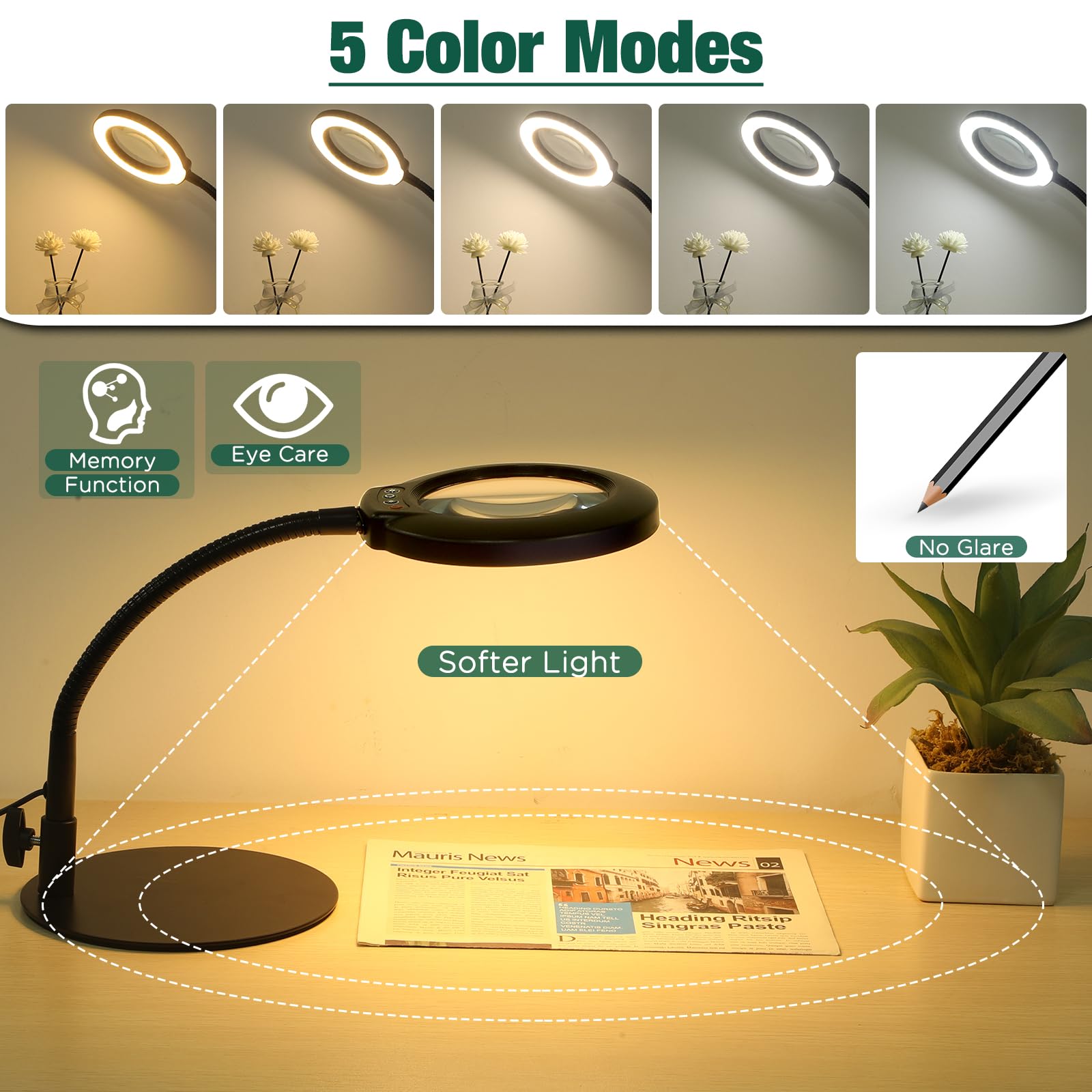 Drdefi 10X Magnifying Glass With Light And Stand, 5 Color Modes Stepless Dimmable Flexible Gooseneck Magnifying Desk Lamp, Led Lighted Magnifier Hands Free For Close Work Craft Reading Painting Hobby