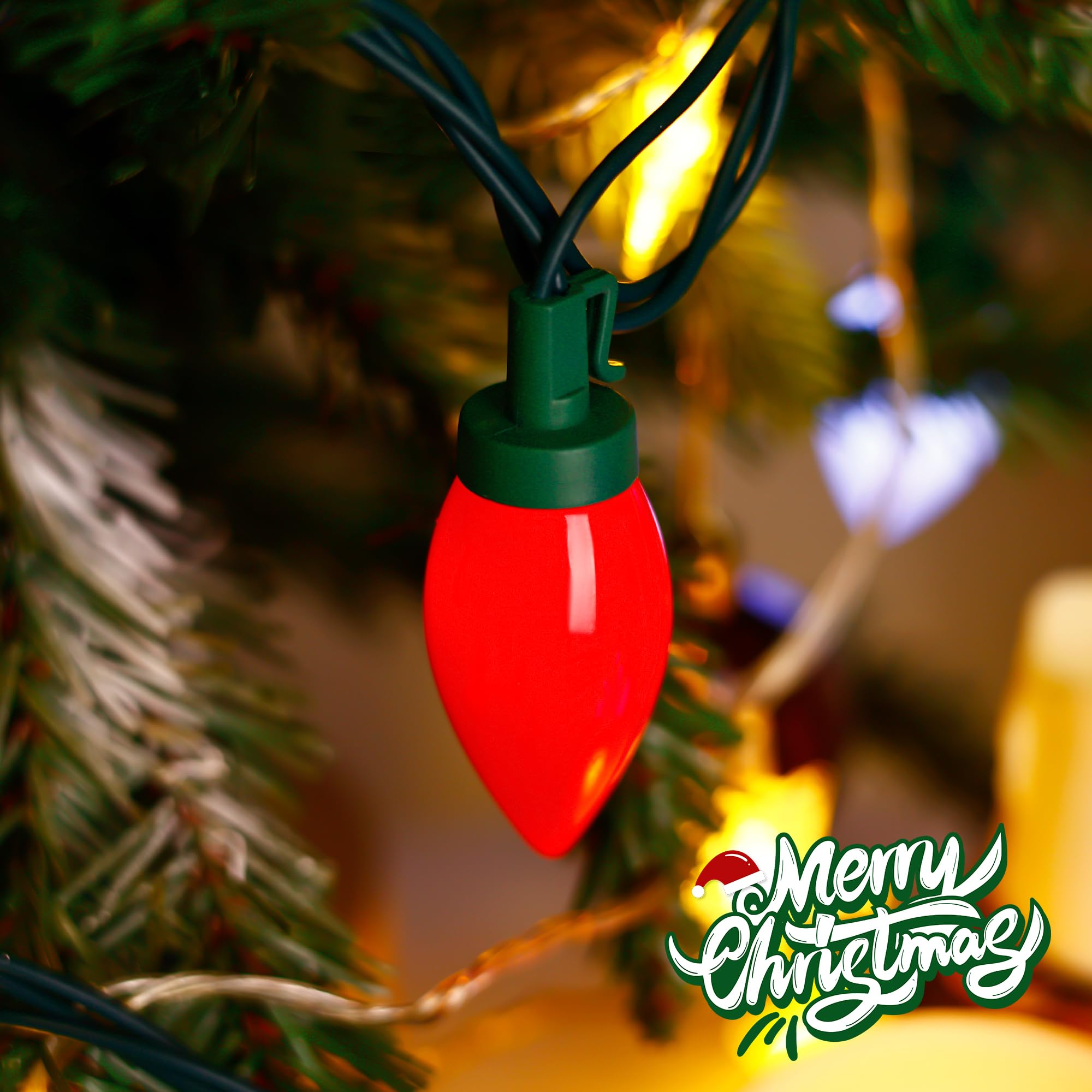 Red&White C9 Big Bulbs Classic Christmas Lights 50 Led 32Ft Strawberry Light - Waterproof Green Wire Fairy Lights, For Indoor Outdoor Home Yard Xmas Tree Decorations (Red White - 50Led)