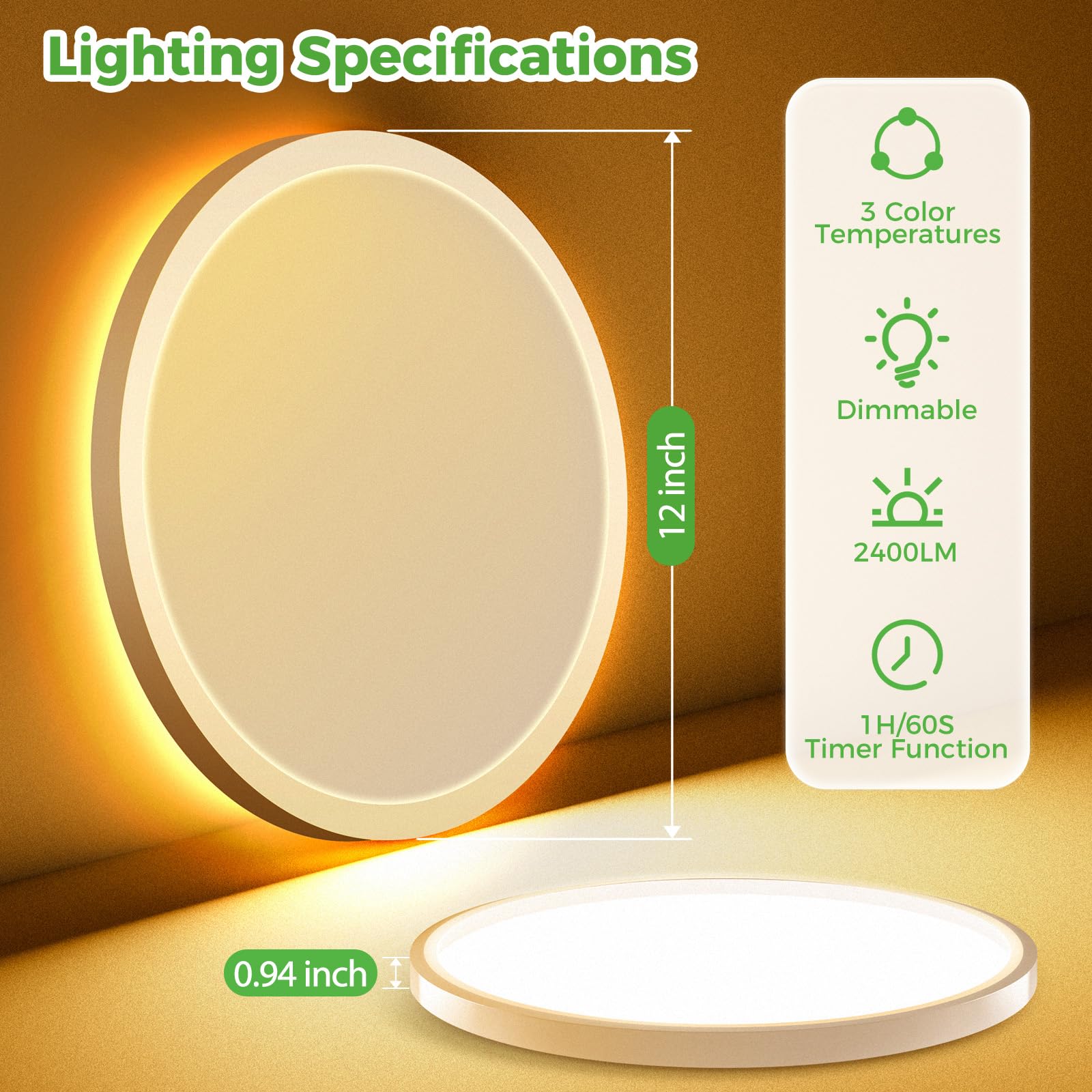 Zemty 12 Inch Led Ceiling Light With Night Light 1800K, 3000K/4000K/6500K Dimmable Light Fixtures With Remote Control,24W 2400Lm