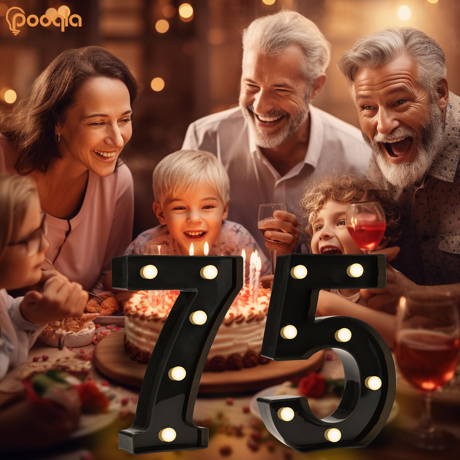 Pooqla Decorative Led Light Up Number Letters, Black Plastic Marquee Number Lights Sign For 75Th Birthday Party Wedding Decor Battery Operated Black Number 75