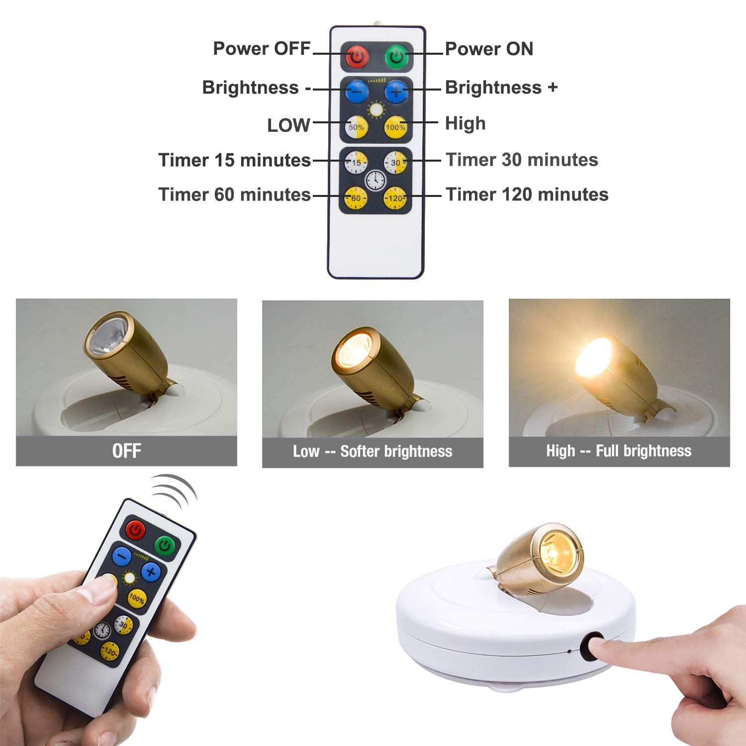 HONWELL LED Spotlight Puck Lights 2 Pack, Battery Powered, Warm White, Remote Control, Plastic, Model H624IR-2, Indoor Use