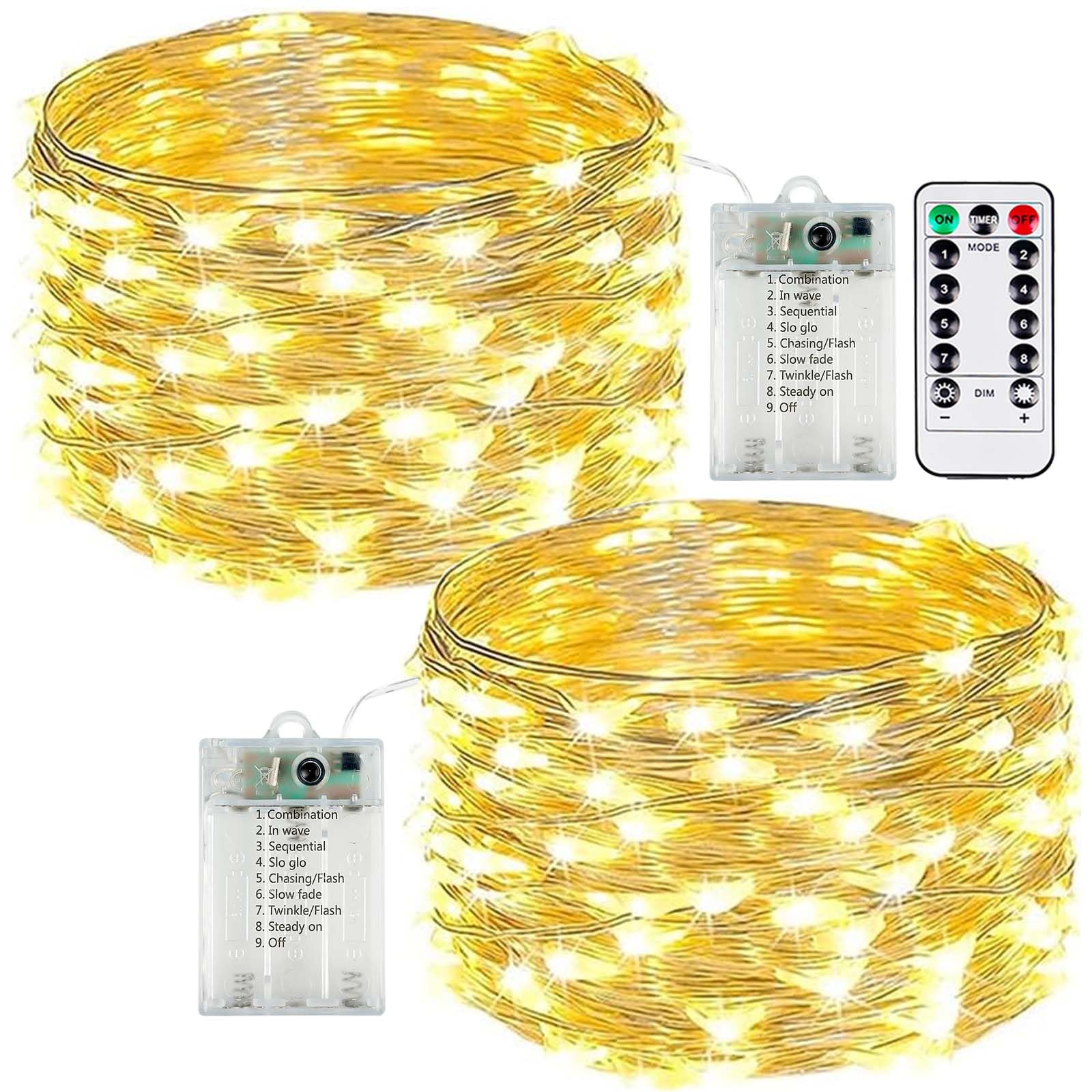 2-Pack 50 LED Fairy Lights Battery Operated with Remote Control Timer, 16 FT 50 LED Battery Lights Outdoor Indoor, 8 Mode Twinkle String Lights for Classroom Party Bedroom Christmas Décor (Warm White)