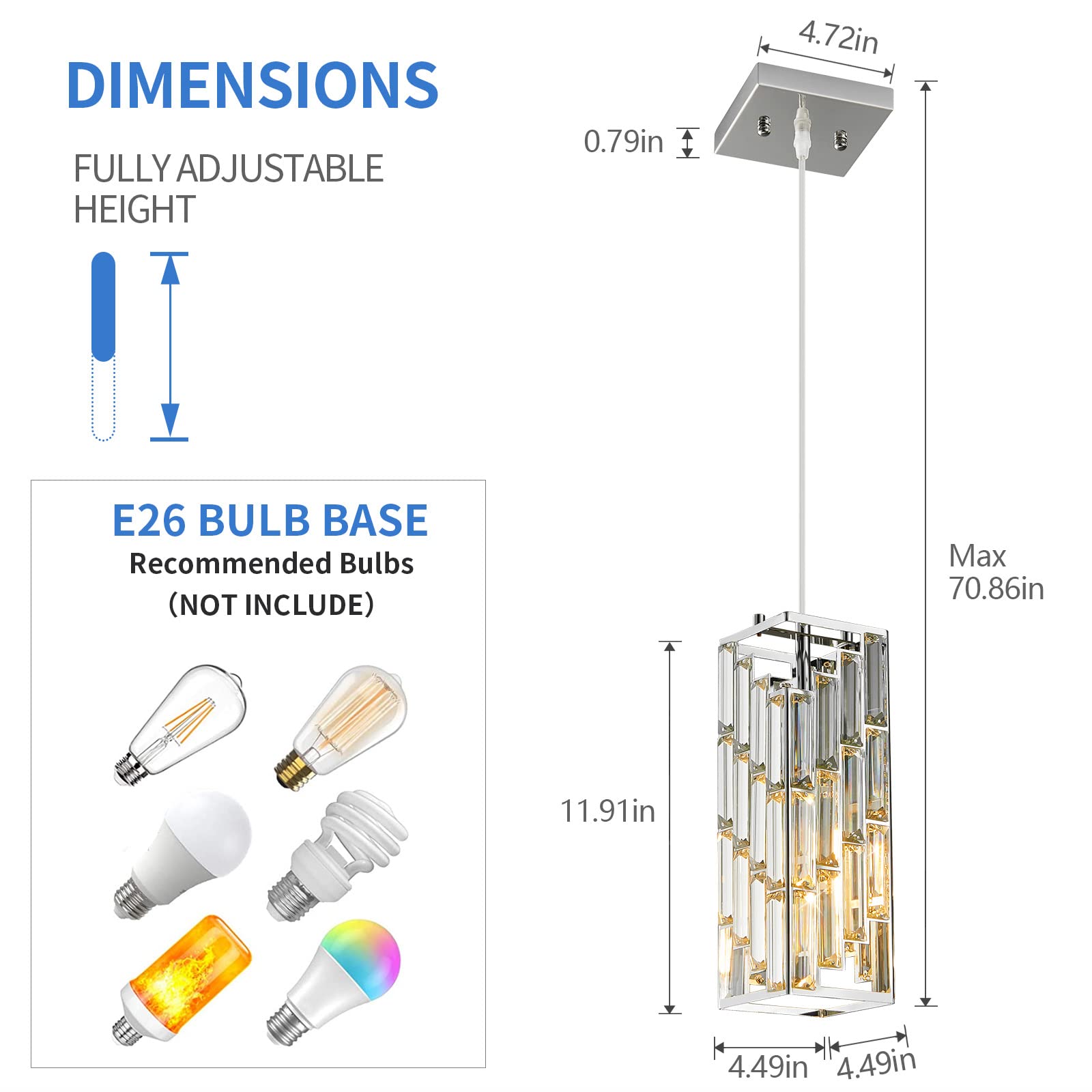 FDPBY Chrome Mini Crystal Pendant Light, 3-Pack Adjustable Fixture for Kitchen Island, Dining Room, Bedroom, Model JP-002