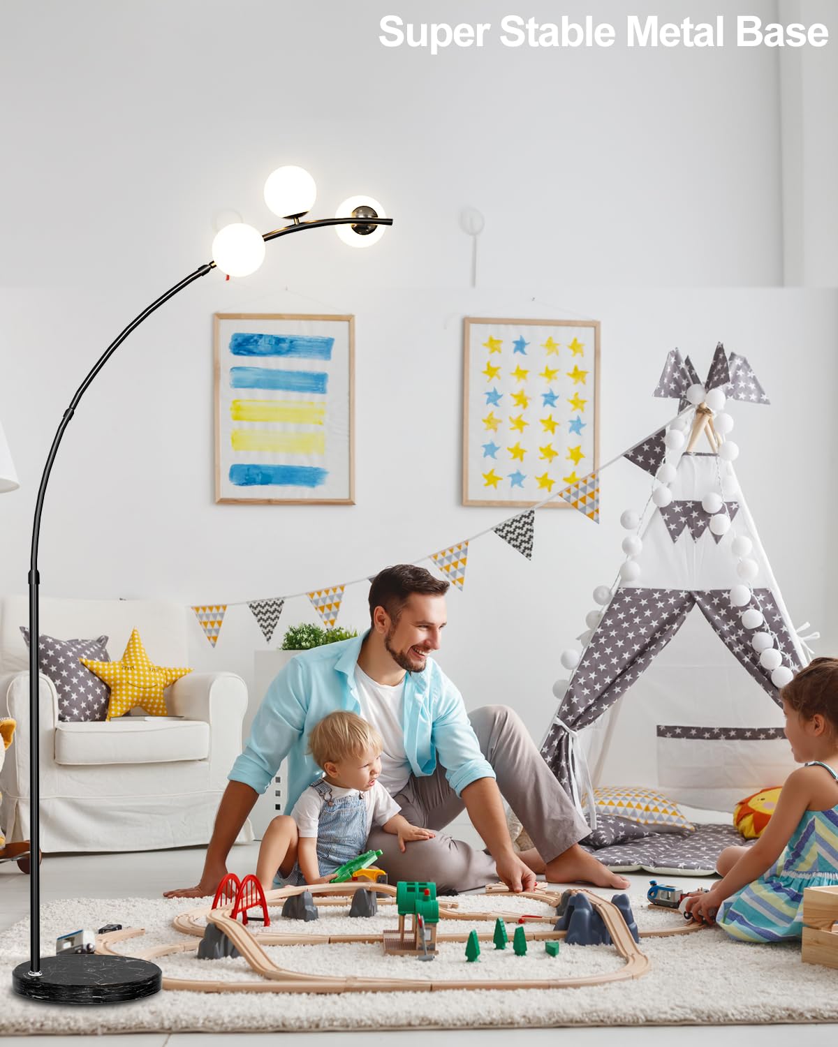 Lightdot 3 Globe Arc Floor Lamp - Contemporary Black Metal Design, LED Bulbs Included, Model LFLL-81, Ideal for Living Room & Home Office