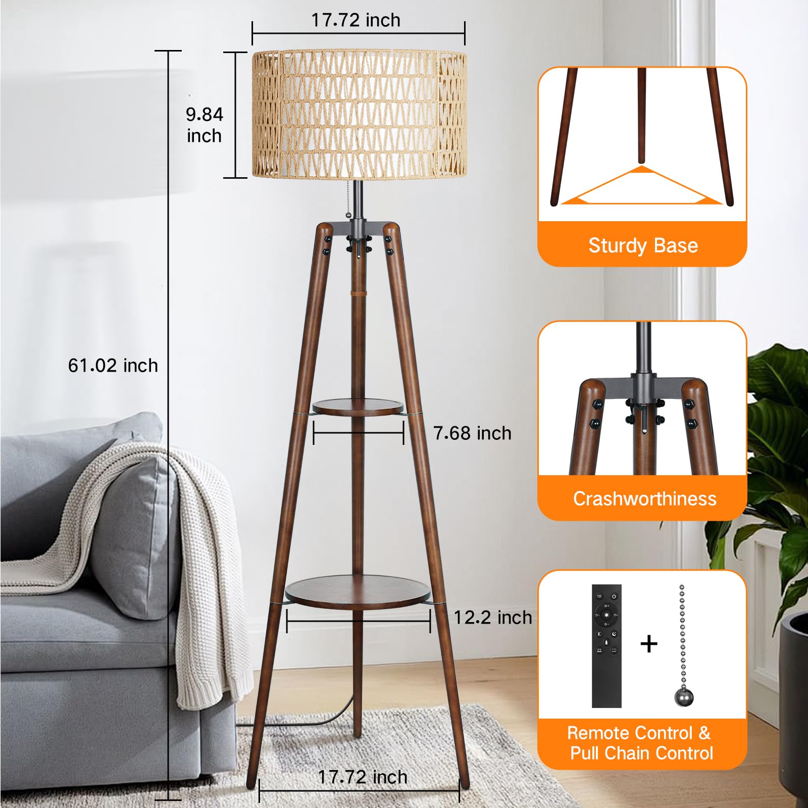 OUTON Boho Rattan Tripod Floor Lamp, Dimmable Wood Standing Lamp with Remote, Walnut, Includes Bulb, Ideal for Living Room & Bedroom